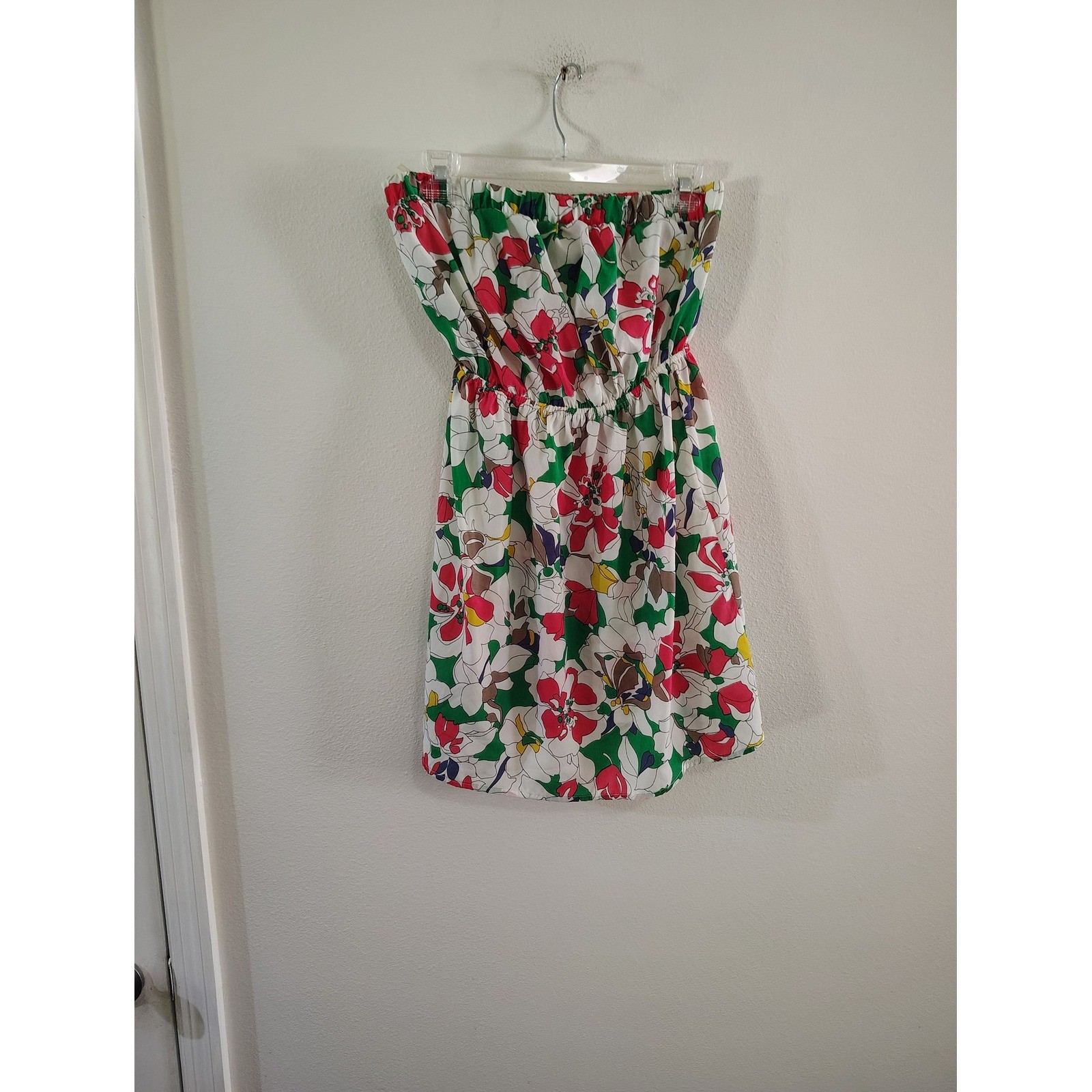 Tyche Floral Strapless Mini Dress Pink Green White High Low Empire Waist Womens