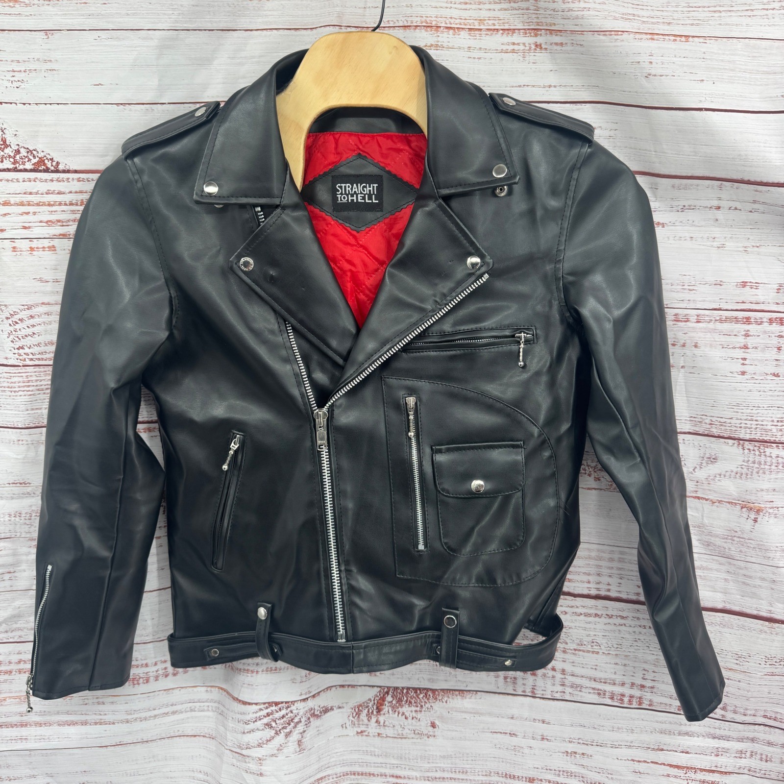 Straight to Hell Moto Jacket Large Black Faux Leather Red Quilted Lined Belted