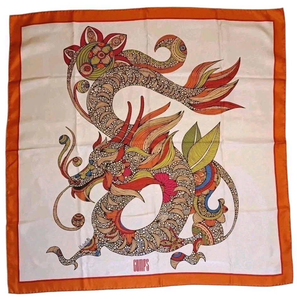 Chinese Dragon Silk Scarf Valentina Of Italy For Gump’s San Francisco 34x35in