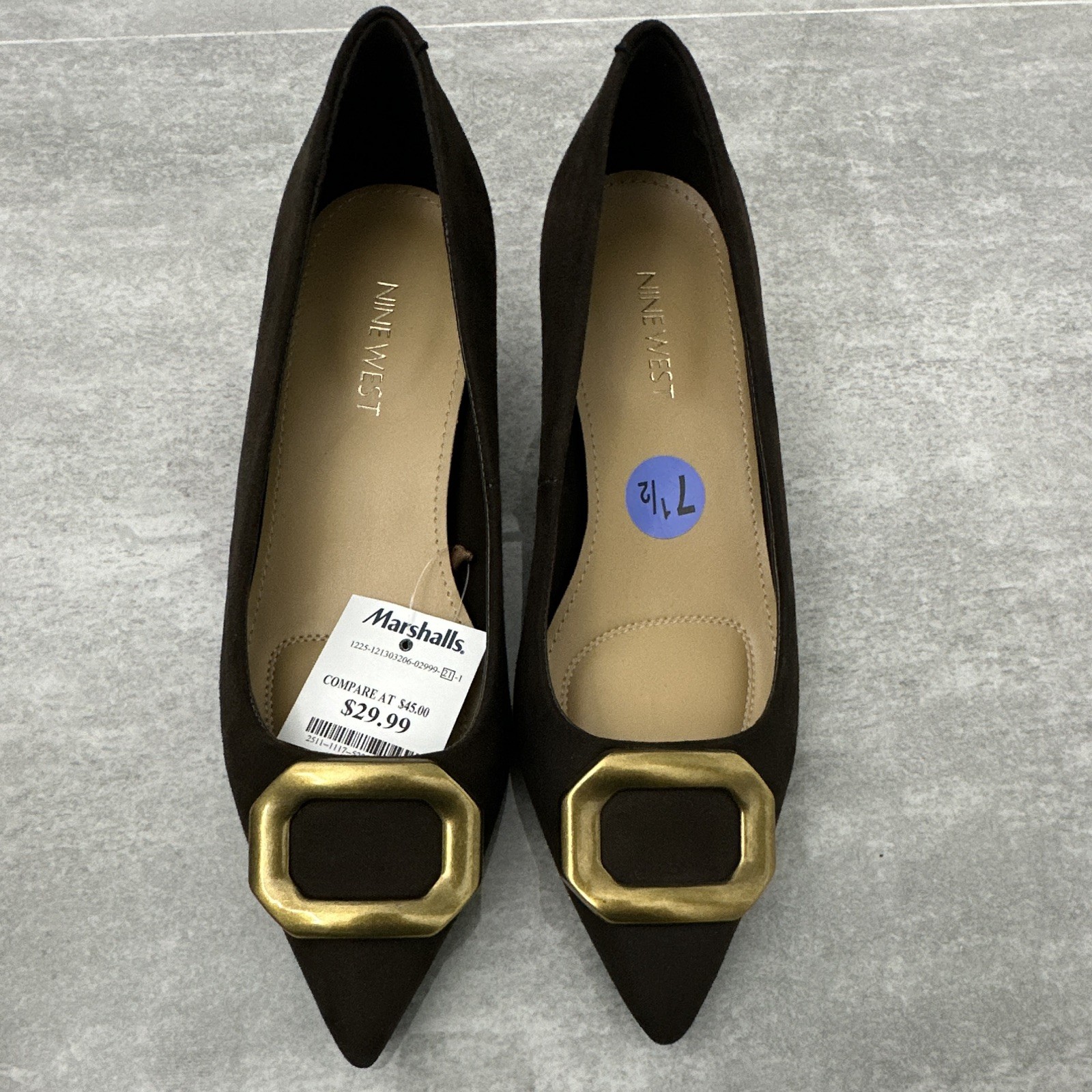 Nine West Brown Suede Pointed Toe Pumps Gold Buckle Accent Women’s Size 7.5