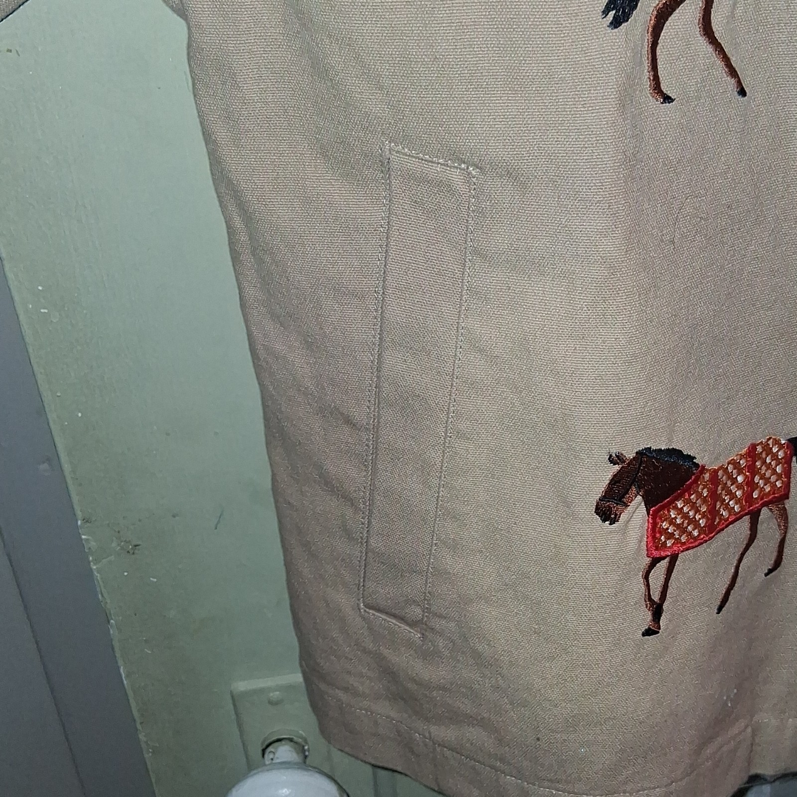FOUND Women’s S Beige/Brown Horse Embroidered Zip Jacket, Pockets, Short