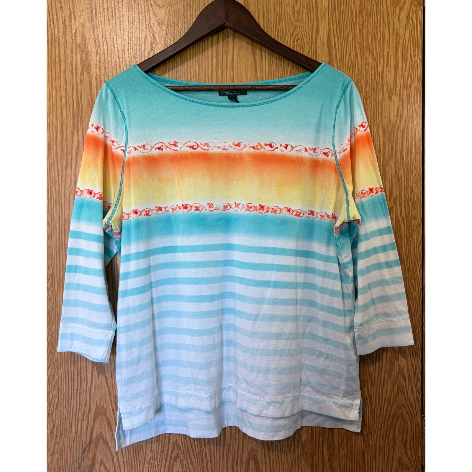 Ralph Lauren XL Coastal Beachy Cotton Teal White Orange Long Sleeve Cotton Shirt