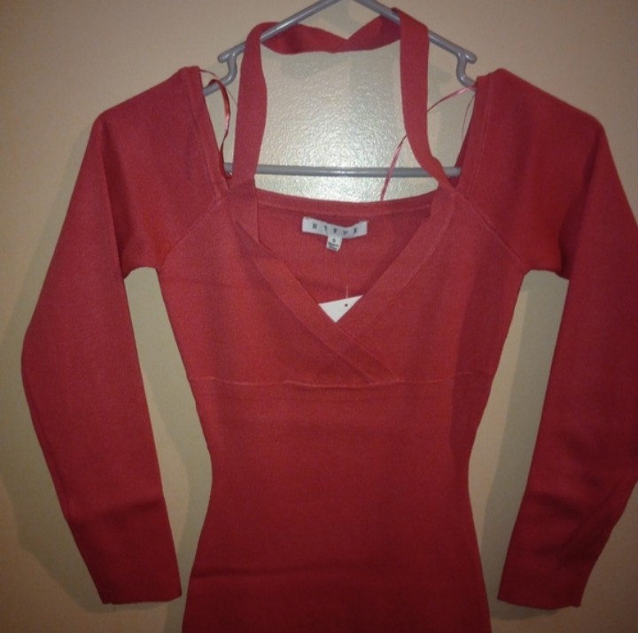 NWT Forever 21 Red Ribbed Knit V-Neck Long Sleeve Bodycon Dress Size S