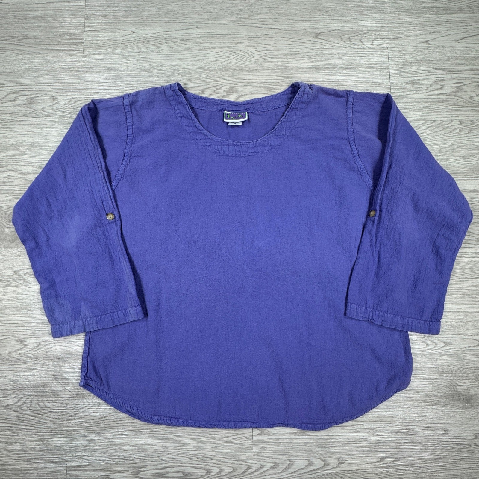 Eucalyptus Womens Top XL Purple Cotton Gauze Roll Tab Sleeve Hand Crafted Boho