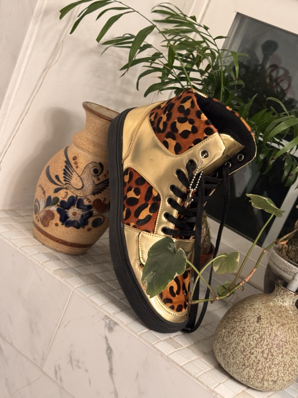 Creative Recreation Cesario men’s Hi Top sneakers Gold Leather Animal Print 10 M