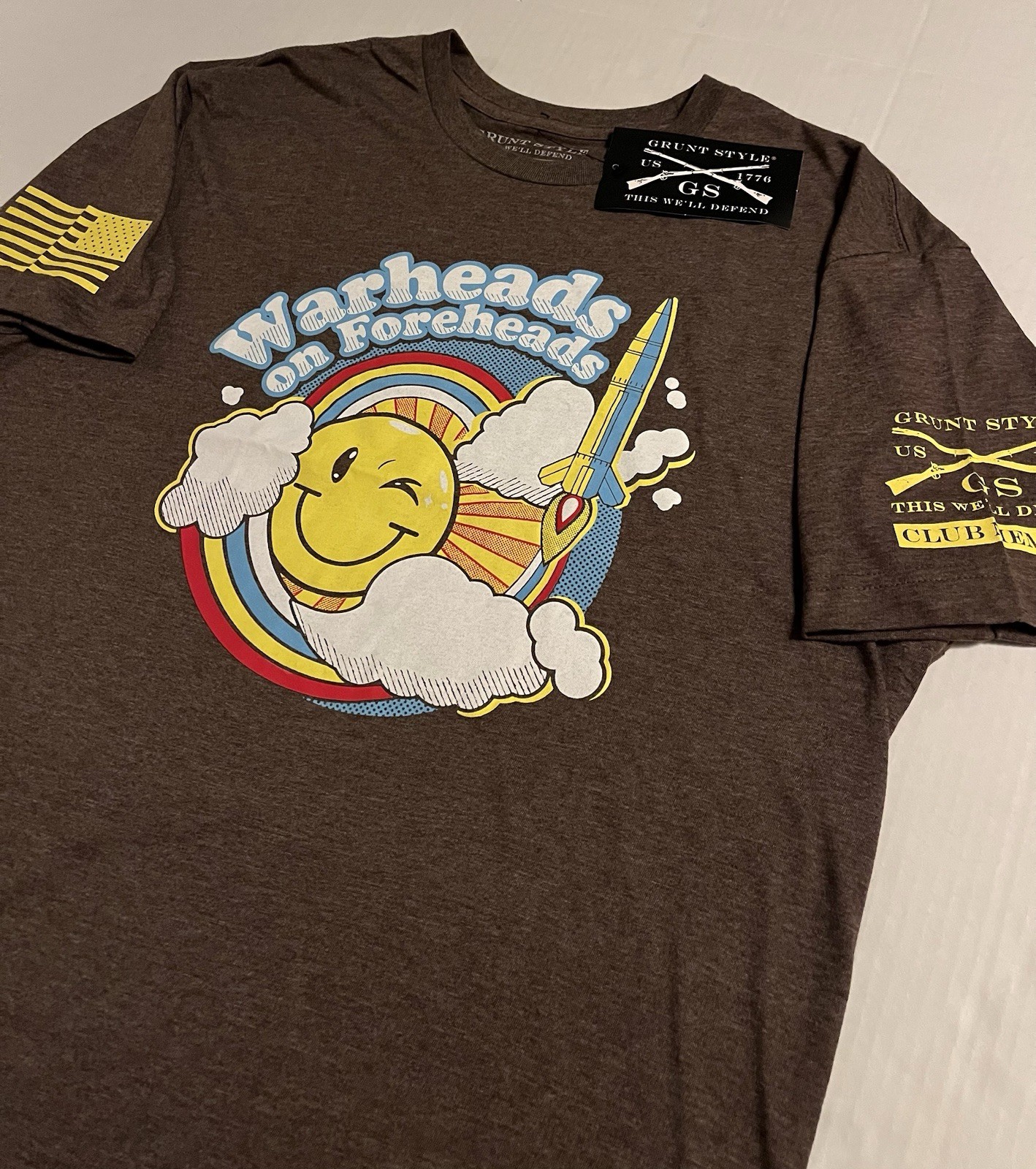 NWT Grunt Style Warheads Foreheads Military Veteran T-Shirt LARGE Brown Flag USA