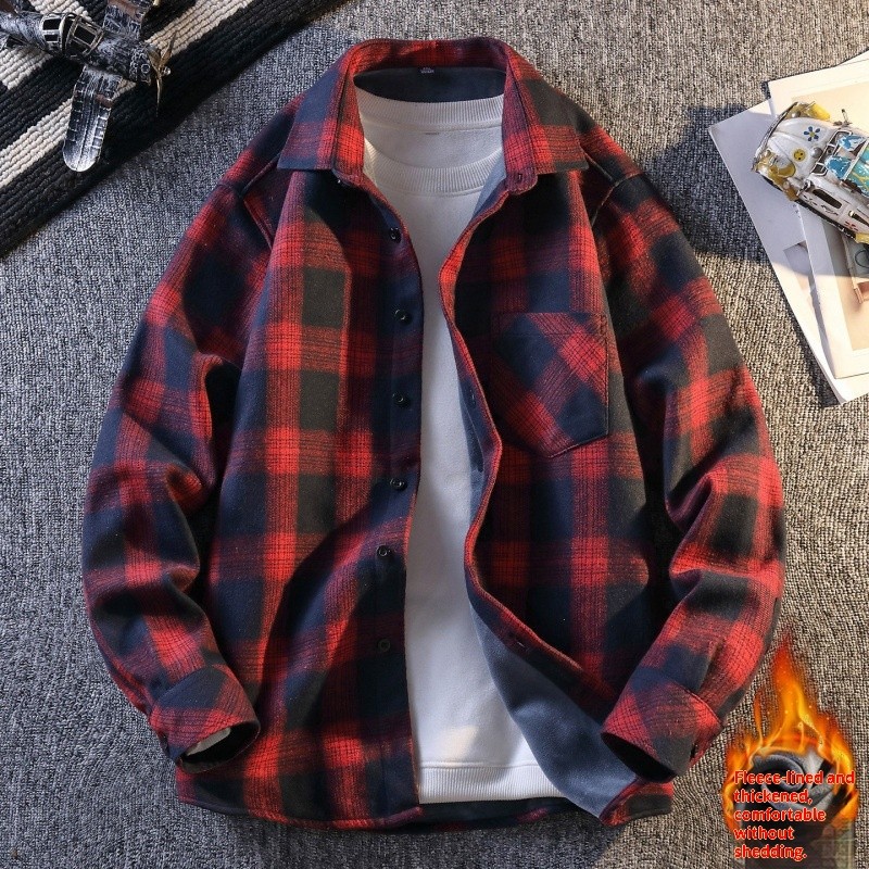 Men’s Turn-down Collar Long Sleeve Flannel Shirt With Fleece Lining