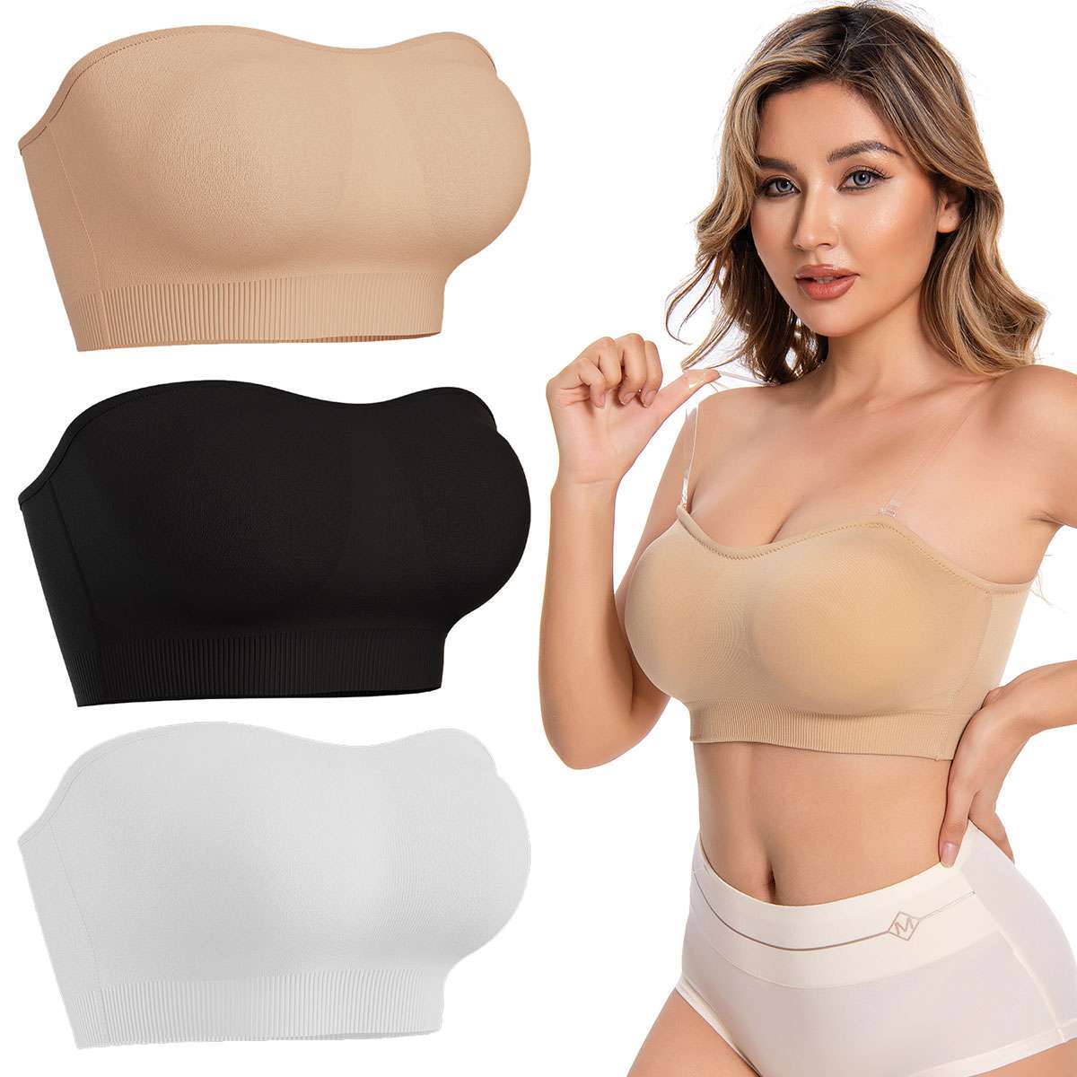 Women Padded Tube Top Bra Seamless Bandeau Strapless Bralette Stretch Intimates
