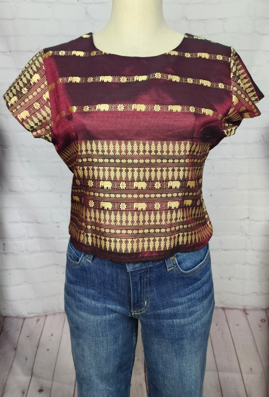 Thai Silk Blouse Top Embroidery Elephants Burgundy Gold Boho Bollywood Tribal L
