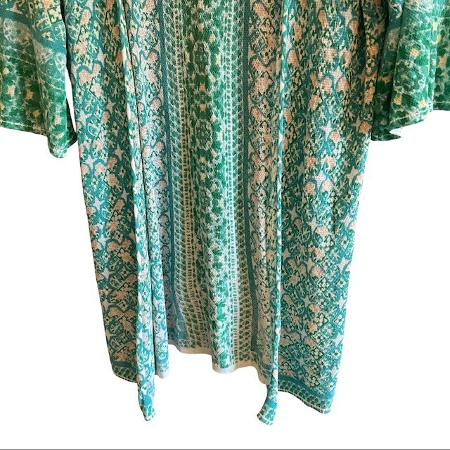 Chicos Soft Tile Stripe Duster Cardigan Sweater 2 L Turquoise Boho Open Front