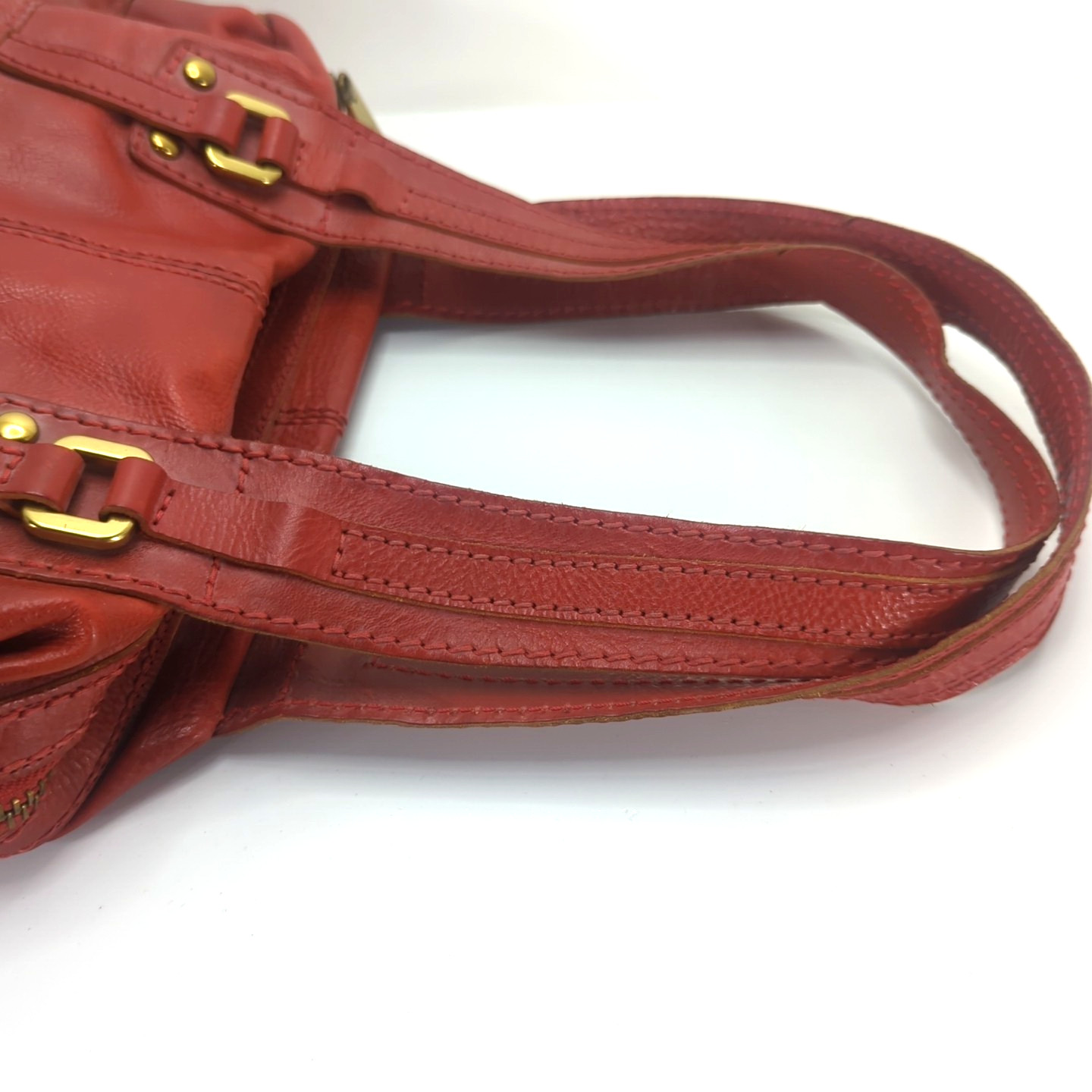 Fossil Fifty Four Handbag Double Handle Red/Tan Gold Tone Hardware 9″H Used