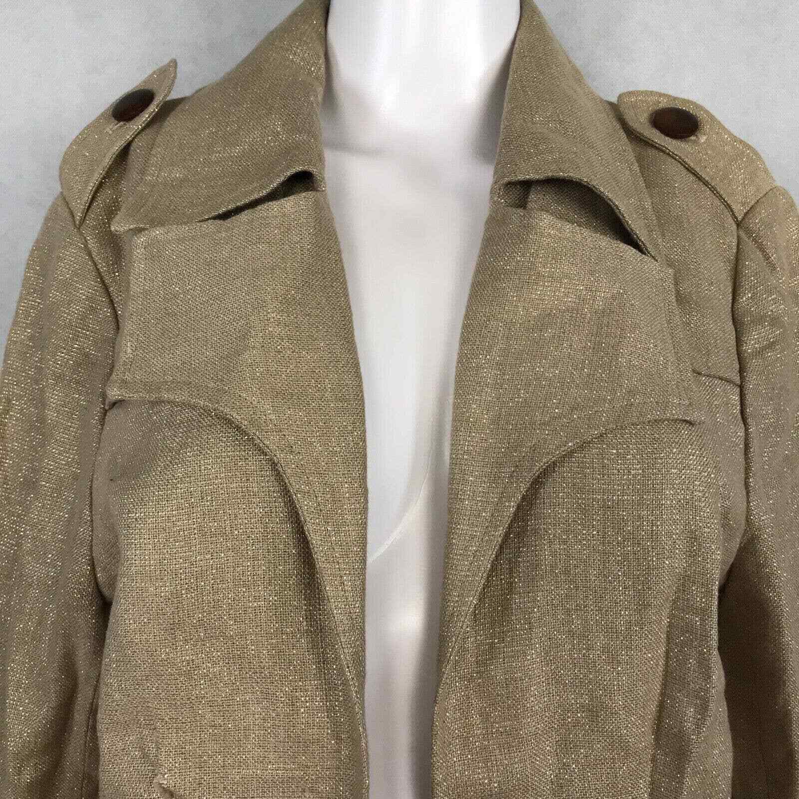 NWT Cache Trench Coat Jacket Womens Sz 12 Gold Beige Metallic Linen Belted