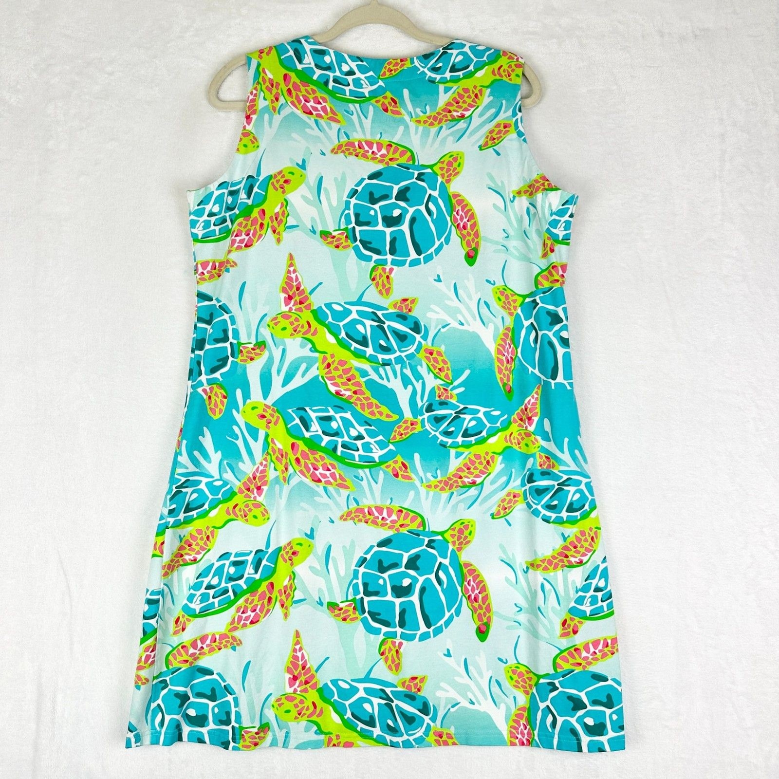 Ana Clare Sheila Shift Dress Size XL Sea Turtle Sleeveless V-Neck Cotton Stretch