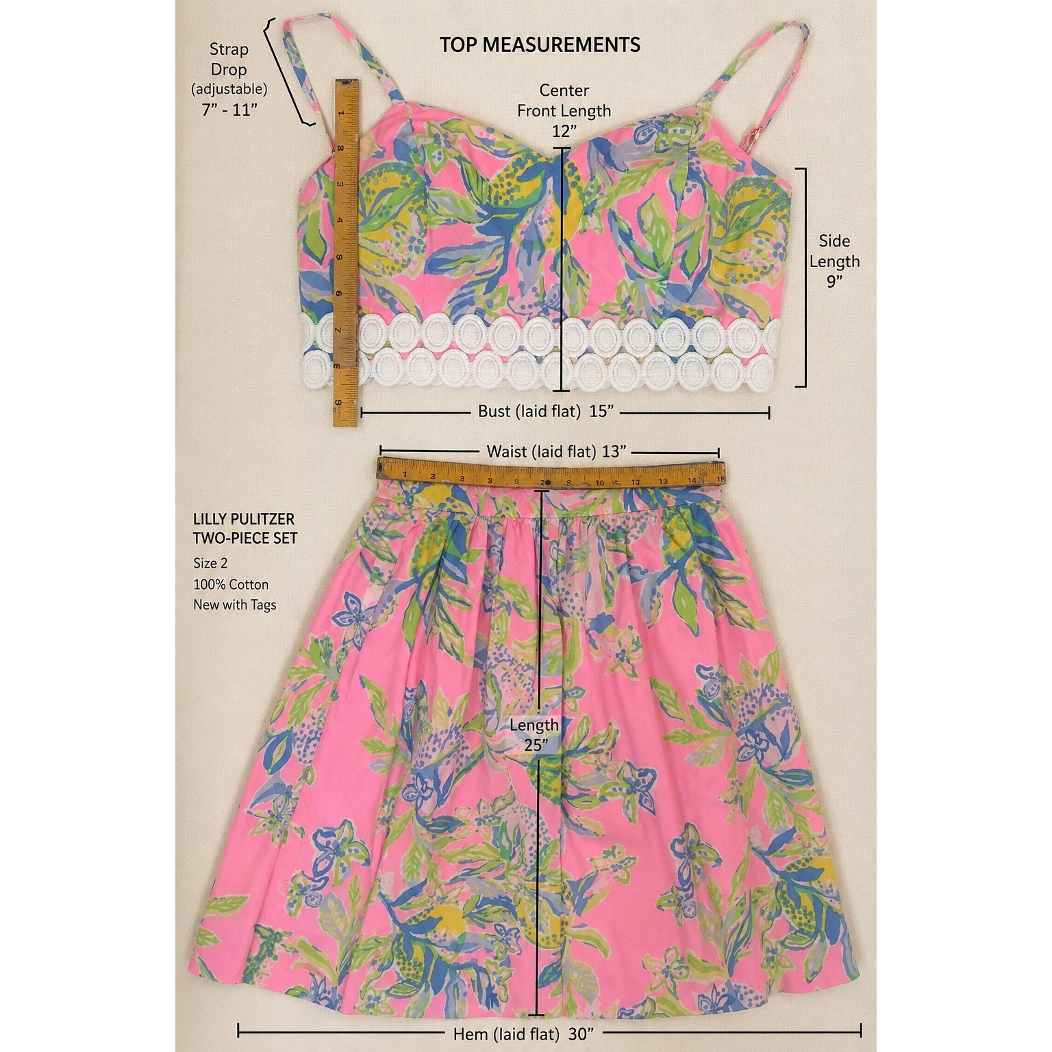 Lilly Pulitzer Pink Tropical Print Two-Piece Crop Top & Midi Skirt Set NWT