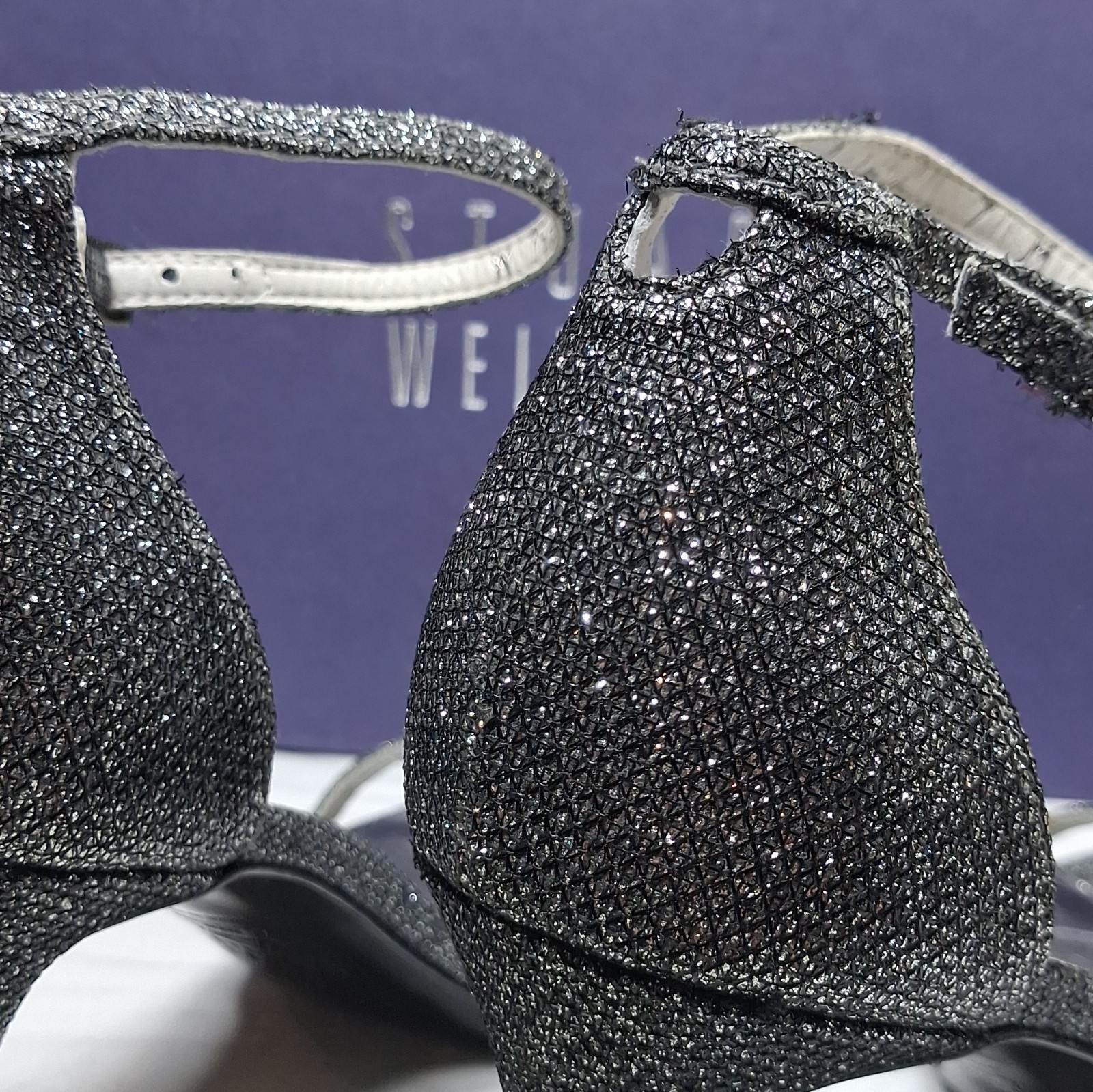 Stuart Weitzman Pewter Glitter Ankle Strap Stiletto Open Toe Heels 7B