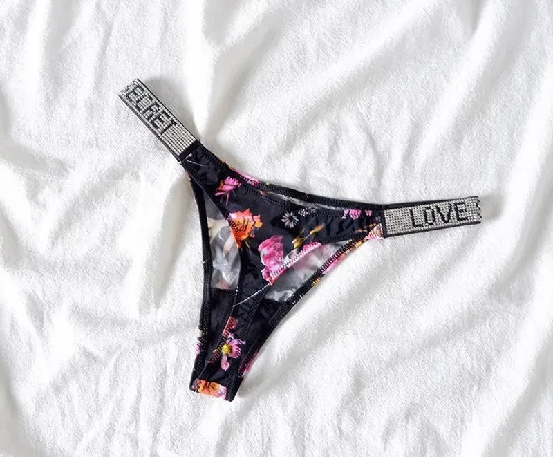 Low Waist Sexy Women Thongs Panties Rhinestones Letter Diamonds G String Sports