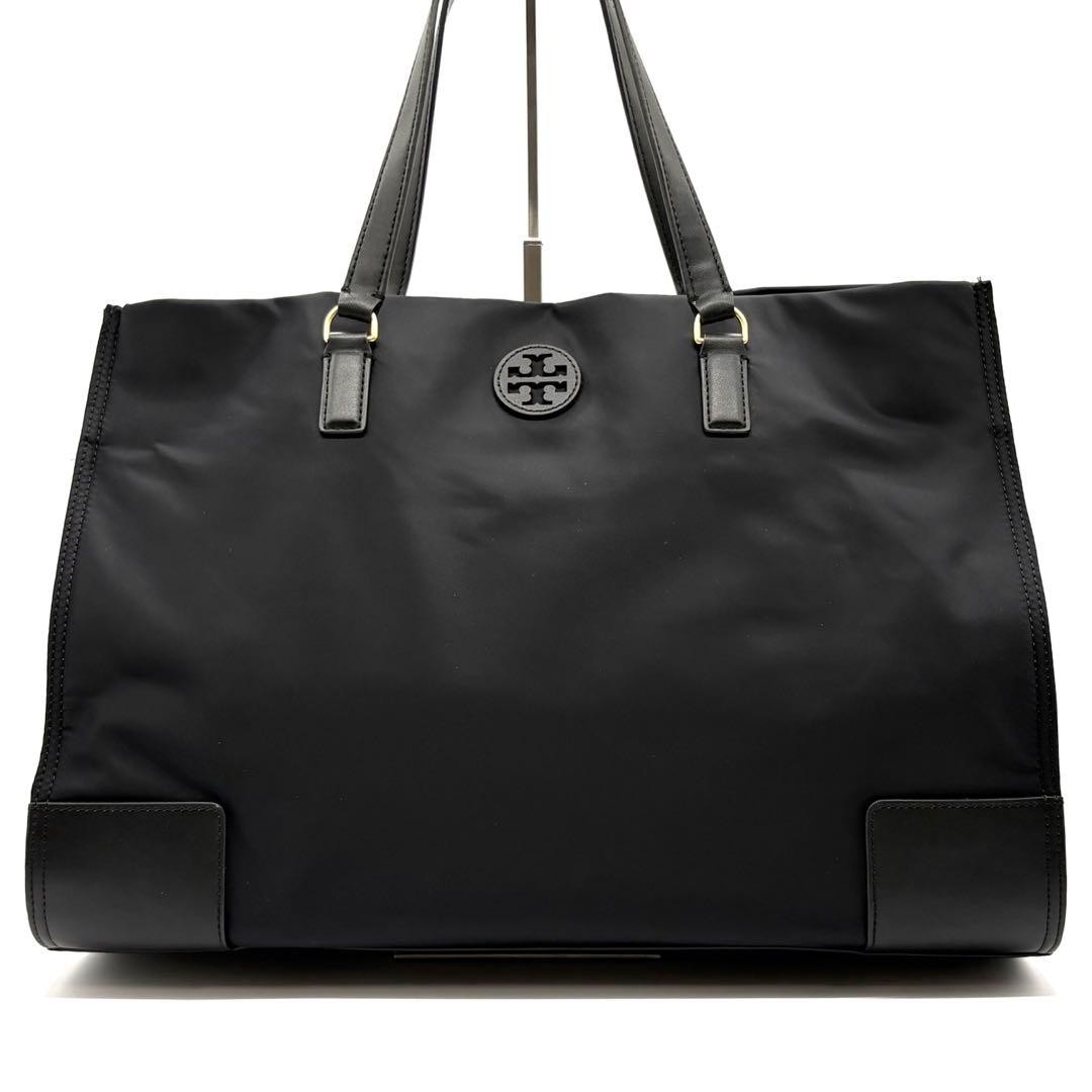 Tory Burch Ella Nylon Tote Bag Leather Shoulder A4 Compatible Black Commuting Sc