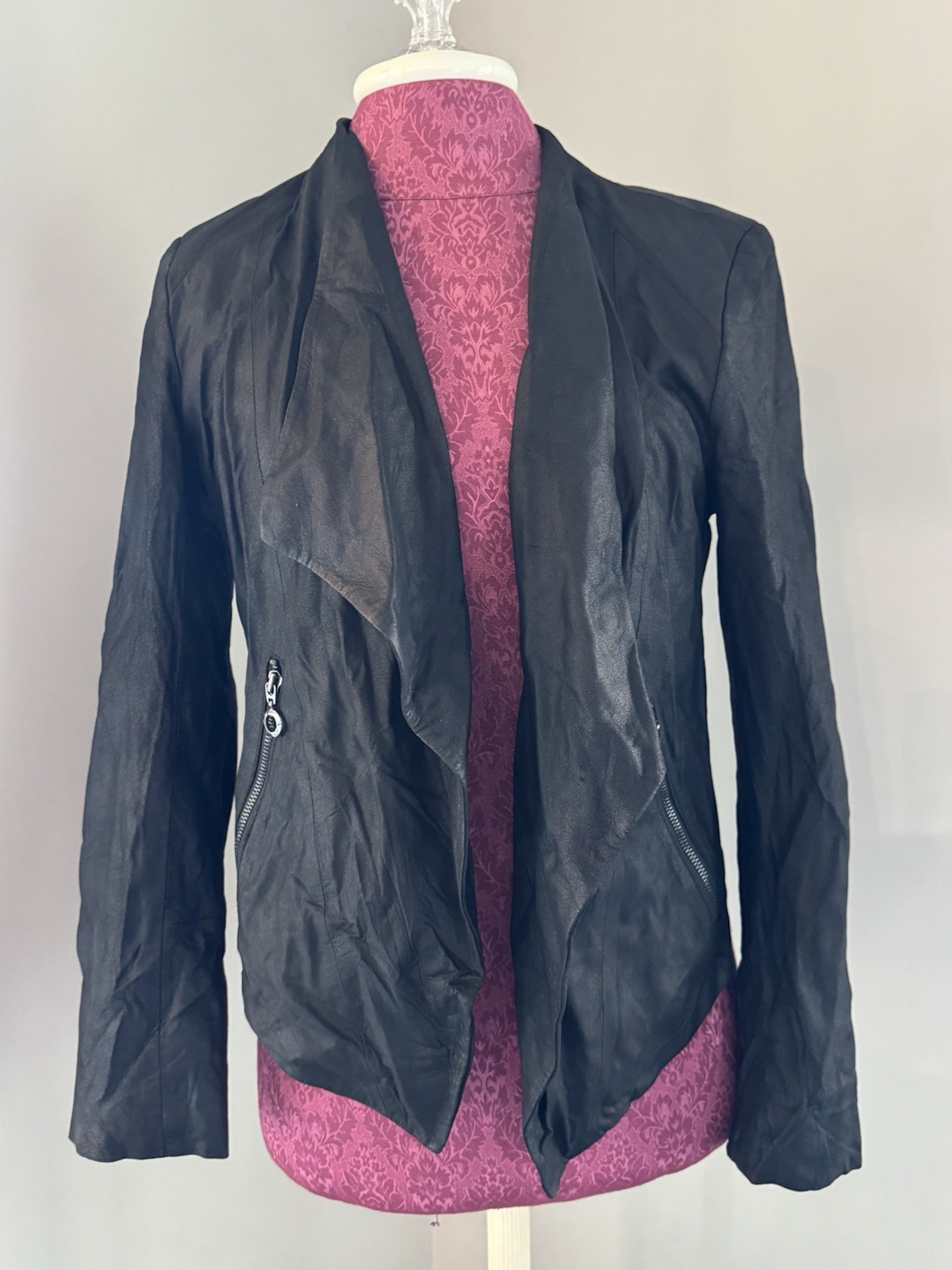 My Tribe Leather Moto Jacket Black Waterfall Front Size Large Made in USA