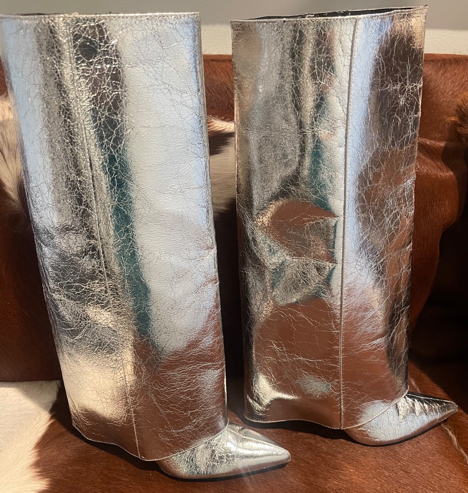 Zara Silver Metallic Gaiter Boots Sz 6 (36)