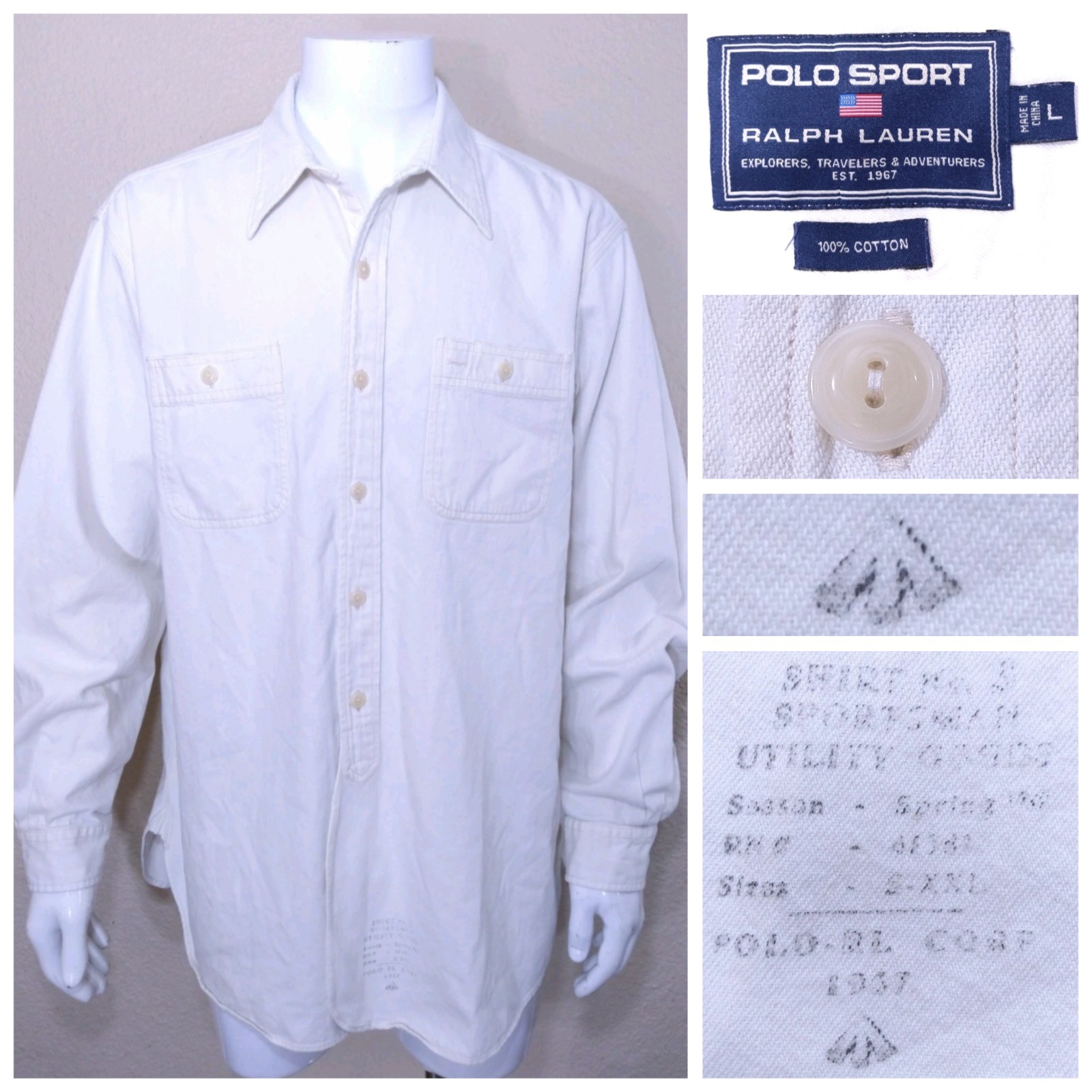 POLO SPORT RALPH LAUREN Long Sleeve Button Up LARGE White Vintage Mens SIZE L