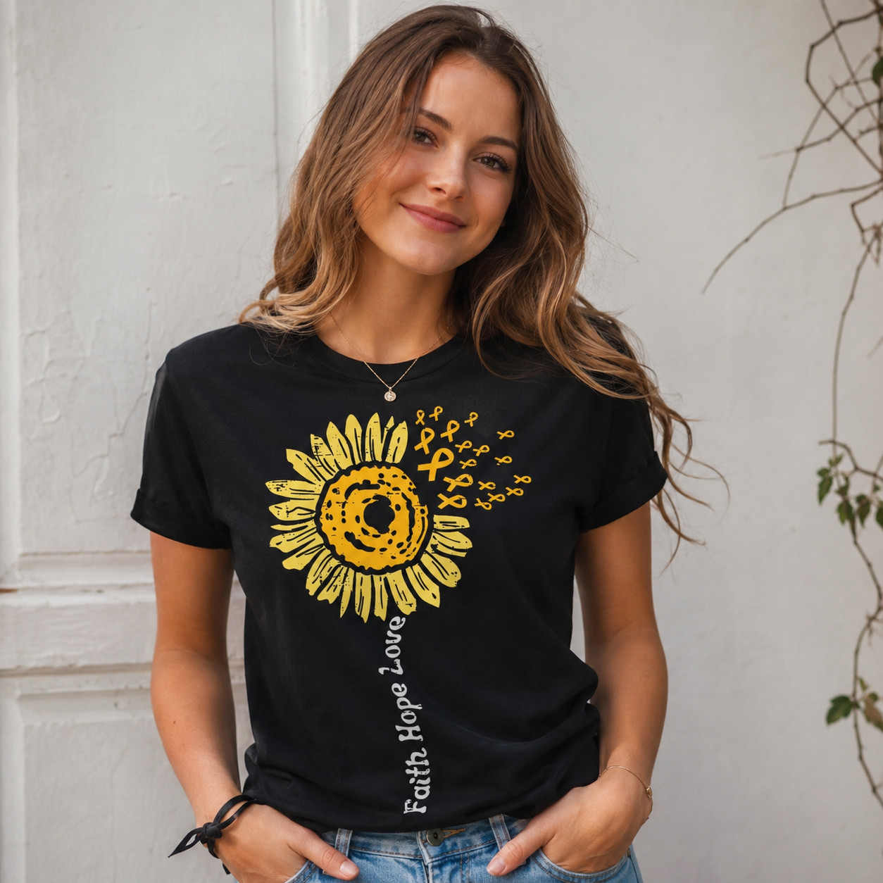 Women’s Faith Hope Love Sunflower Heart Graphic T-Shirt Christian Casual Tee