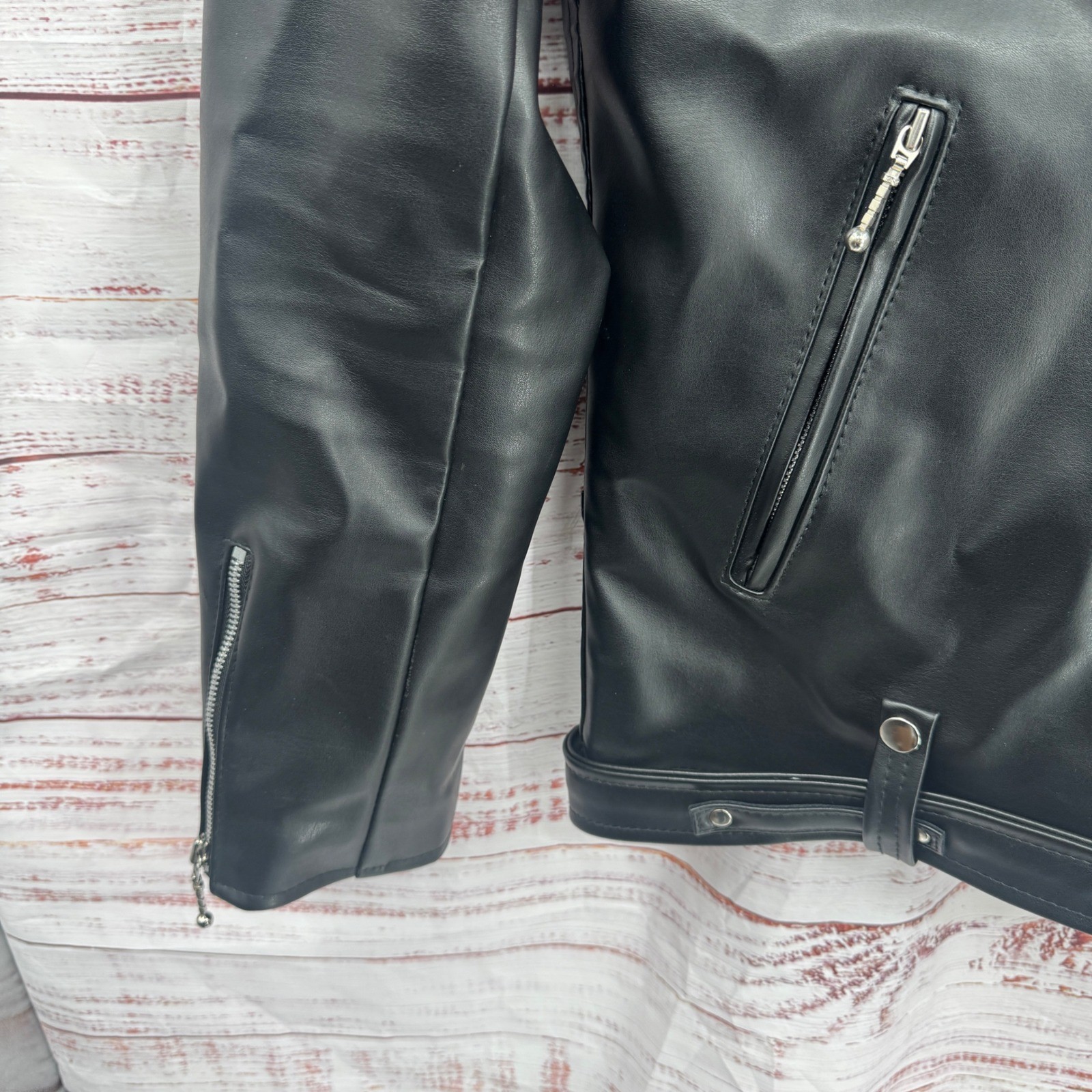 Straight to Hell Moto Jacket Large Black Faux Leather Red Quilted Lined Belted