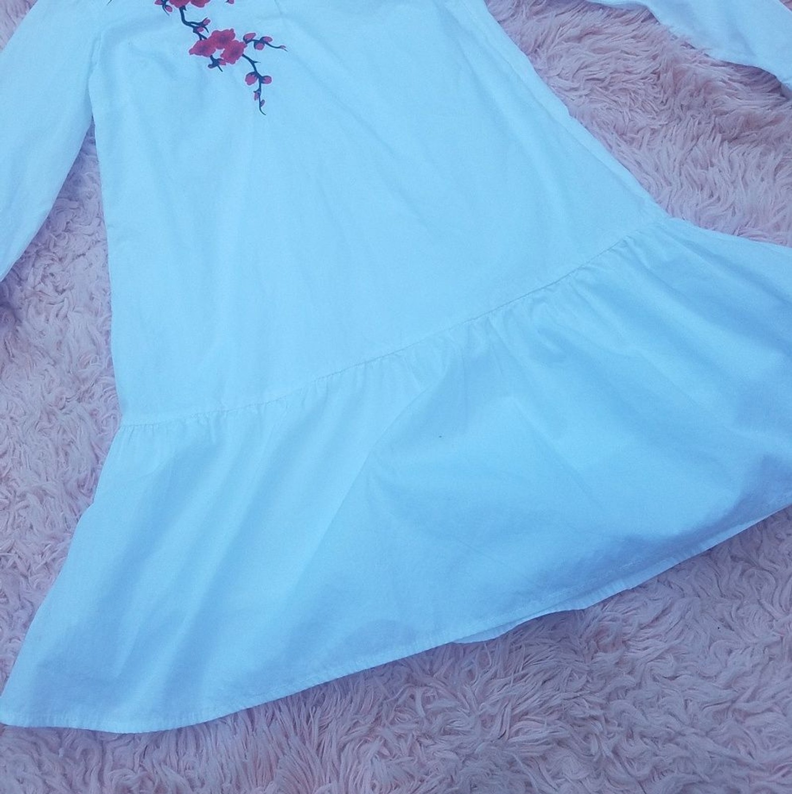 Asos Embroidered Cherry Blossom White Mini Shirt Dress Ruffle Hem Drop Waist S