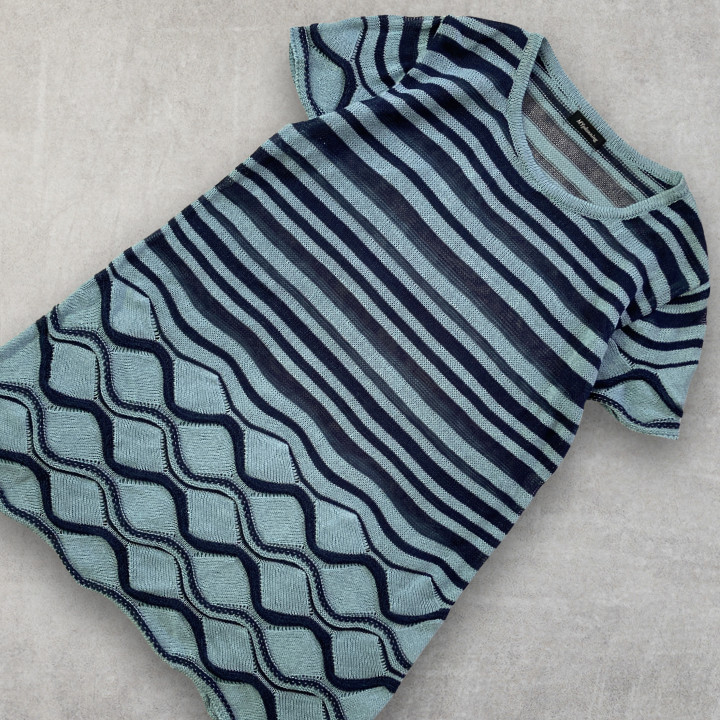 Washi Japanese Paper Blend Knit Tunic Sheer Striped Wave Top Made in Japan