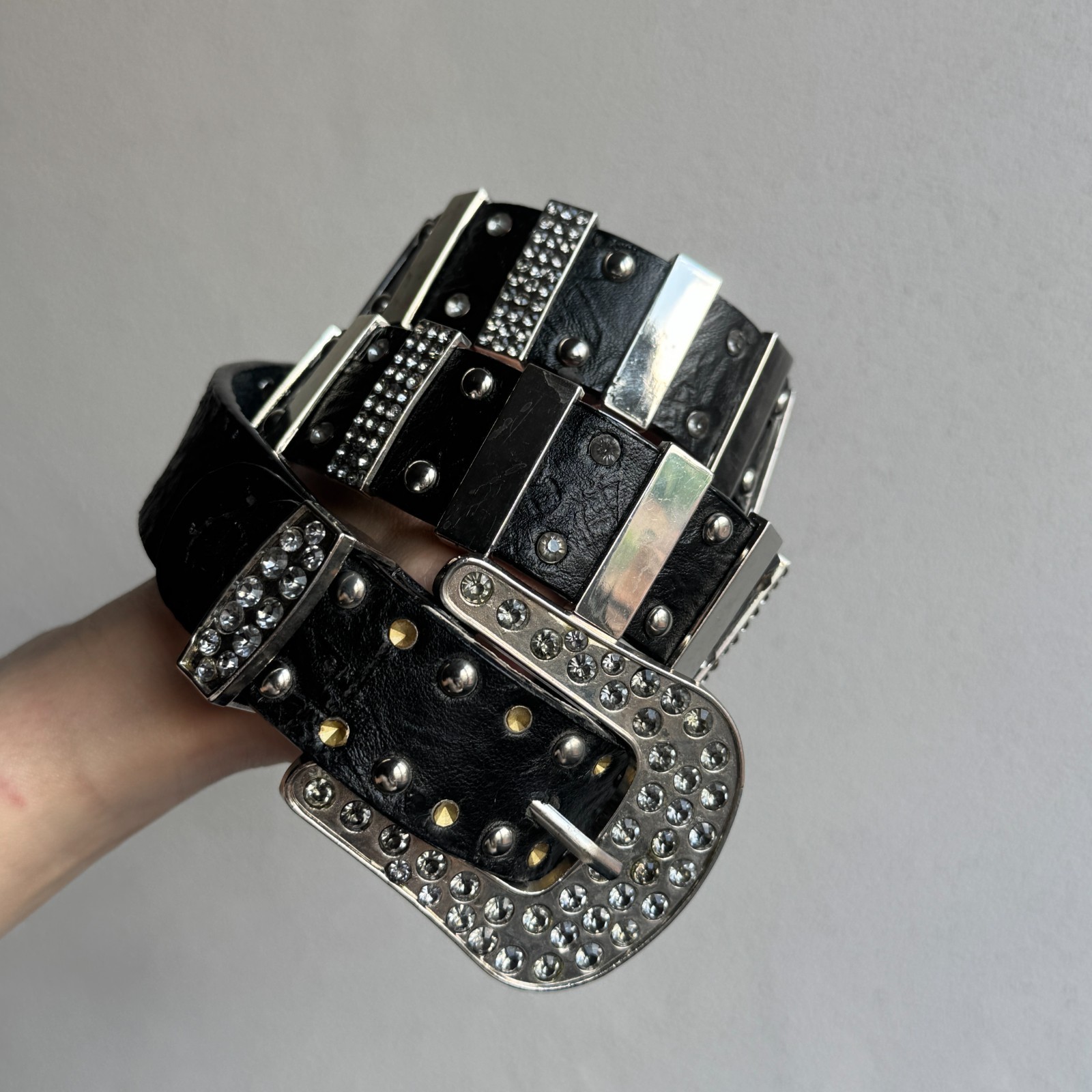 Y2K Black Studded Rhinestone Leather Belt Punk Goth Rockstar Heavy Hardware