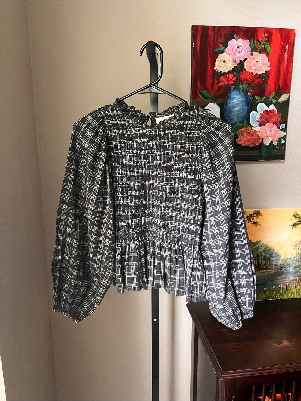THE GREAT. Smocked Plaid Long-Sleeve Peplum Top