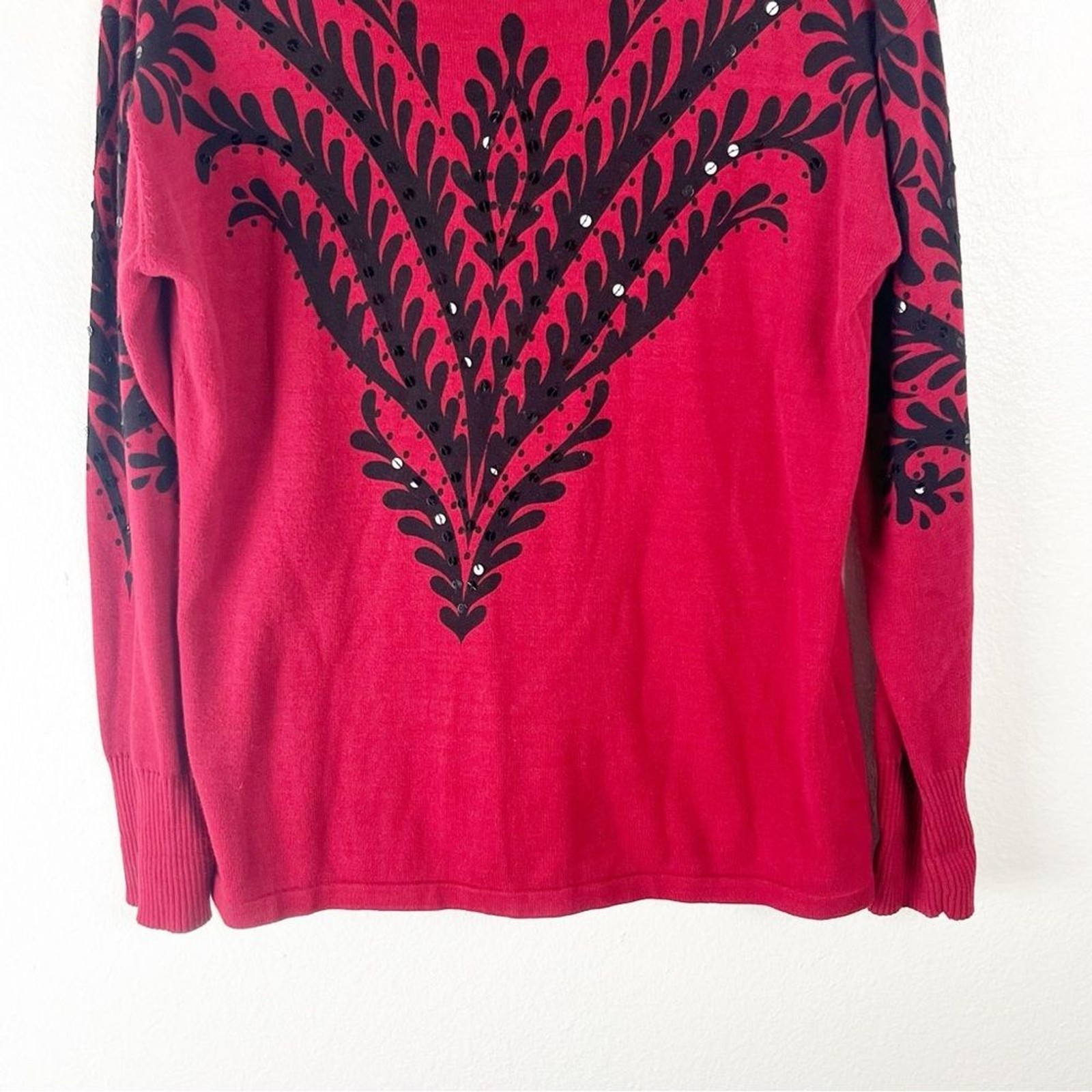 BOB MACKIE Red Black Embroidered Sequins Long Sleeves Wearable Art Blouse Small