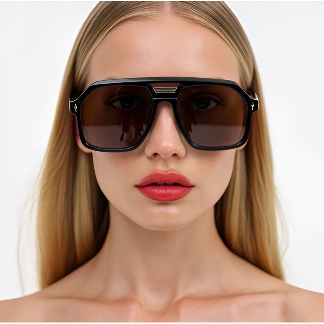 Oversized Flat Top Fancy Sunglasses Black Frame Brown Lens Square Shield 142mm