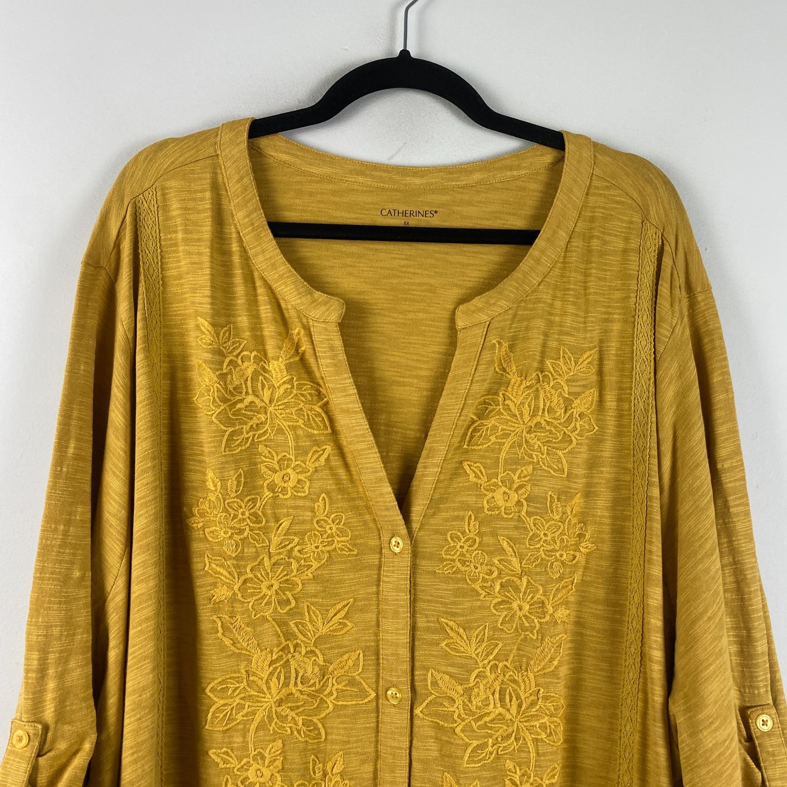 Catherines Embroidered Button Front Tunic Size 5X Honey Mustard Floral