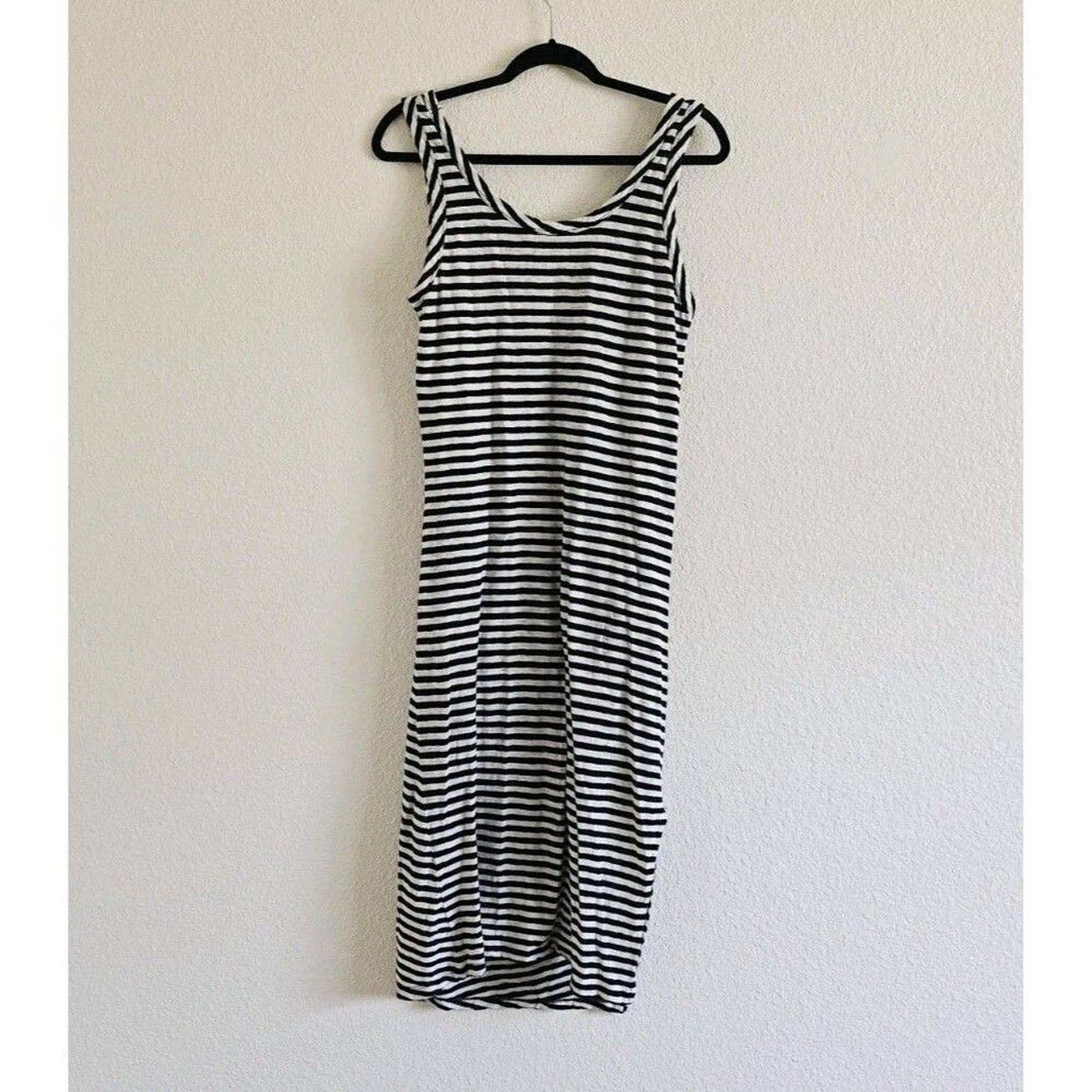 All Saints Tina T-Shirt Dress Size L Stripe Black Sleeveless Side-Slits Cotton