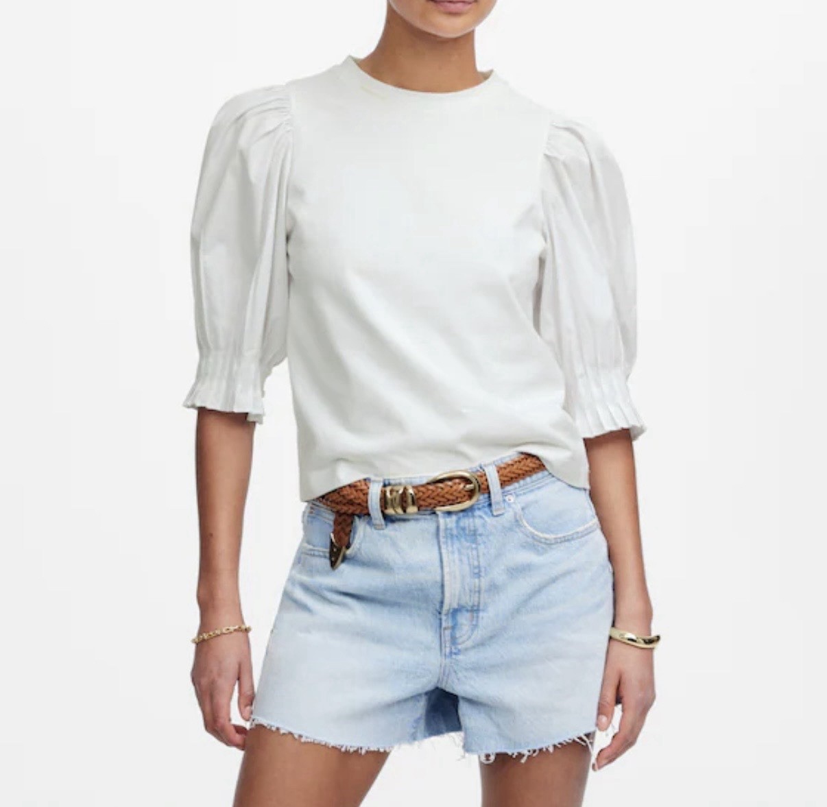 Madewell Women’s XS White Solid Crew Neck 3/4 Puff Sleeve 100% Cotton Knit Top