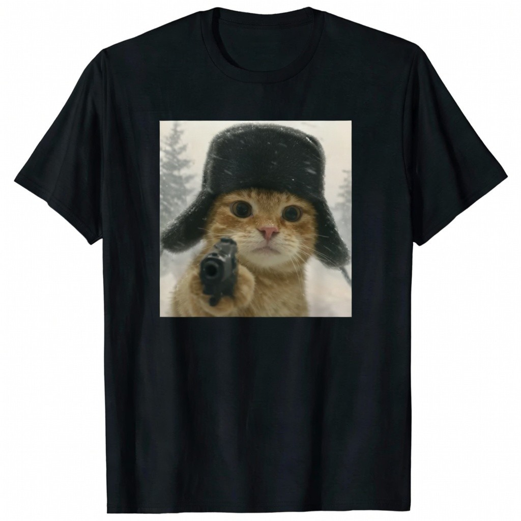 Funny Orange Cat With Gun Ushanka Hat Meme Graphic Aesthetic Mens Cotton Shirt