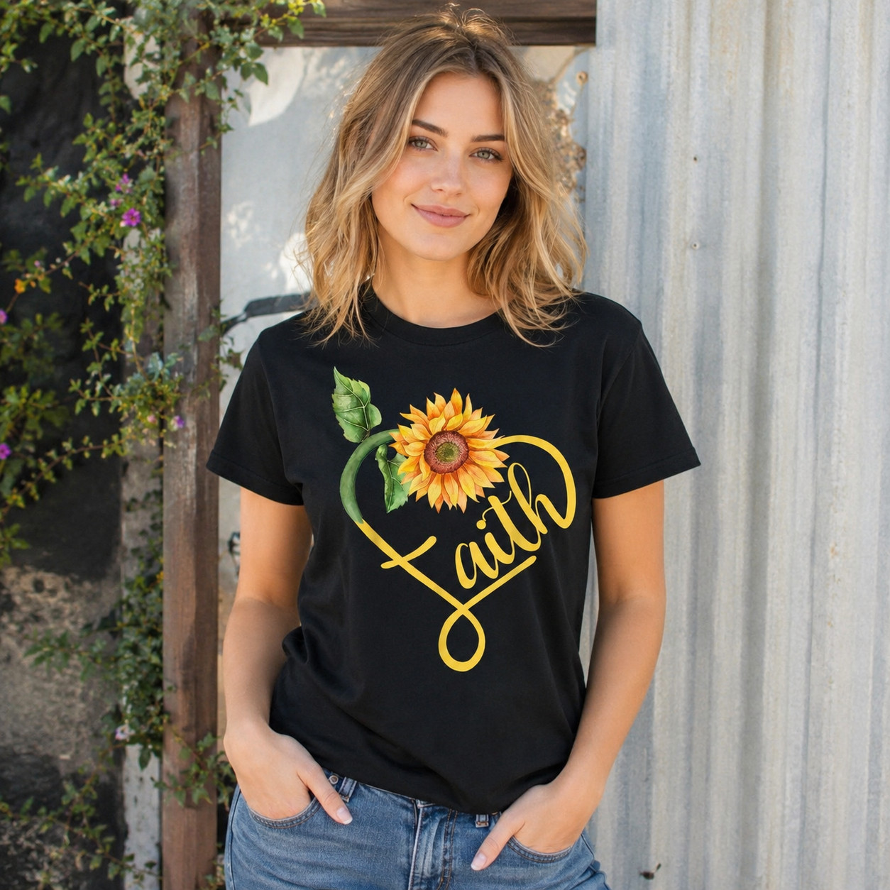Women’s Faith Hope Love Sunflower Heart Graphic T-Shirt Christian Casual Tee