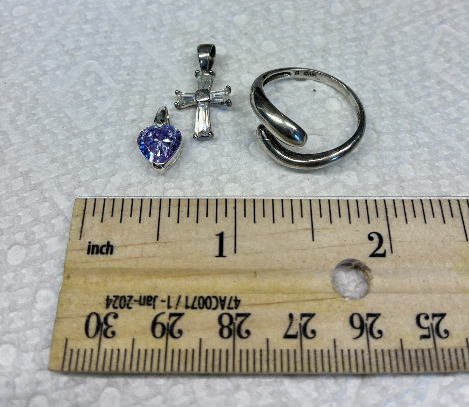 Sterling Silver 3pc Jewelry Lot: Heart Charm, Cross Pendant, Adjustable Band