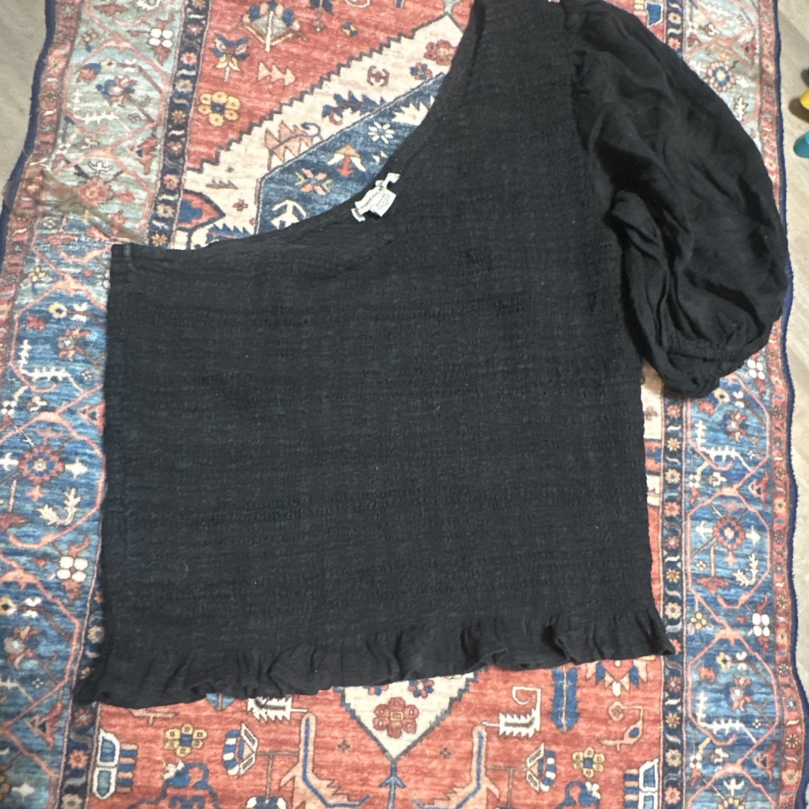 American Eagle Black Knit Peasant Blouse Scoop Neck Long Sleeve Ruffle M