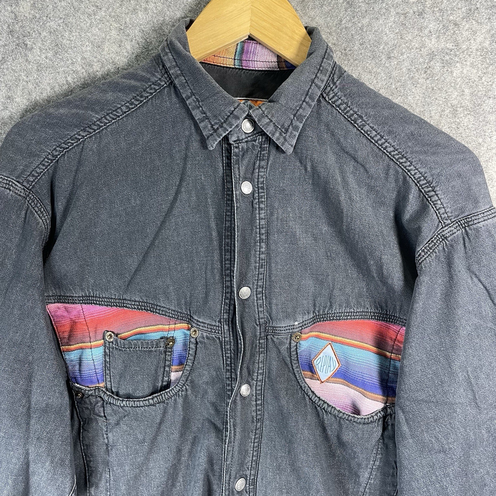 Replay Denim Chore Jacket Mens Large Grey Multicolour Aztec Panel Button Up