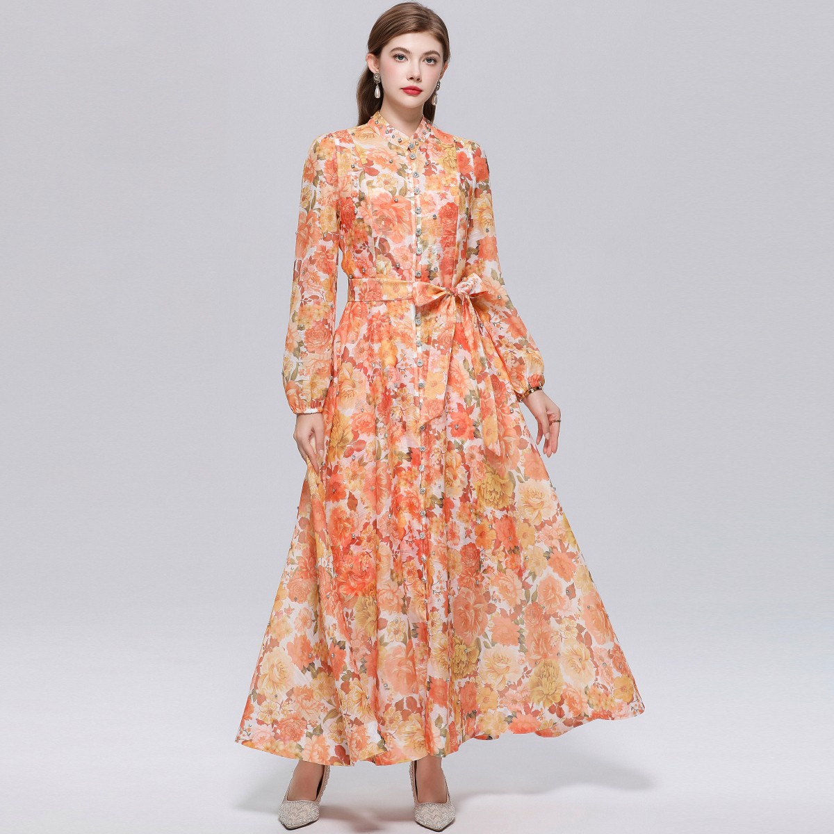 Spring Fall Vintage Floral Print Mock Neck Long Sleeve Women Casual Party Dress