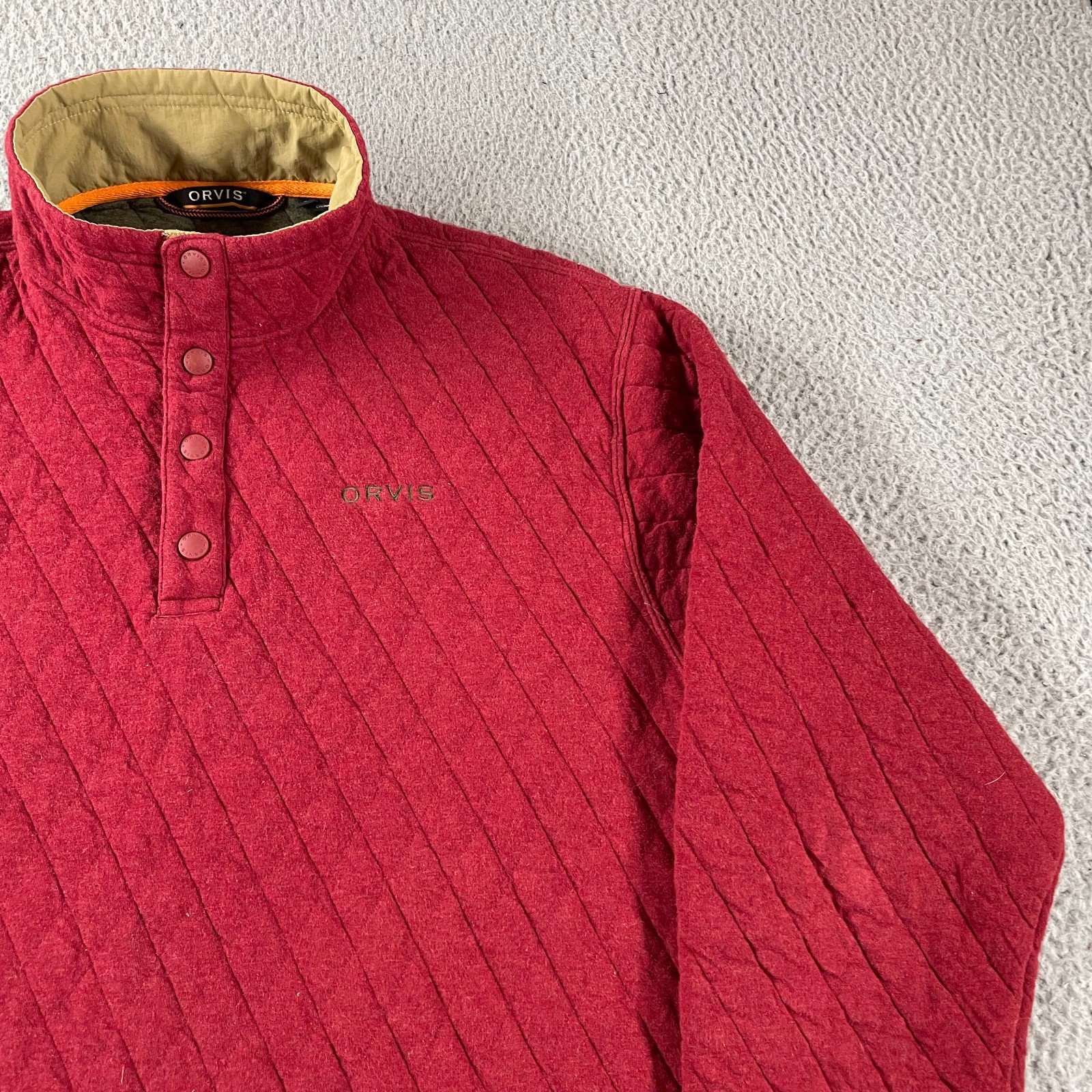 Orvis Pullover Men Large Red Quilted 1/4 Zip Snap Outdoors Hiking Pockets Casual