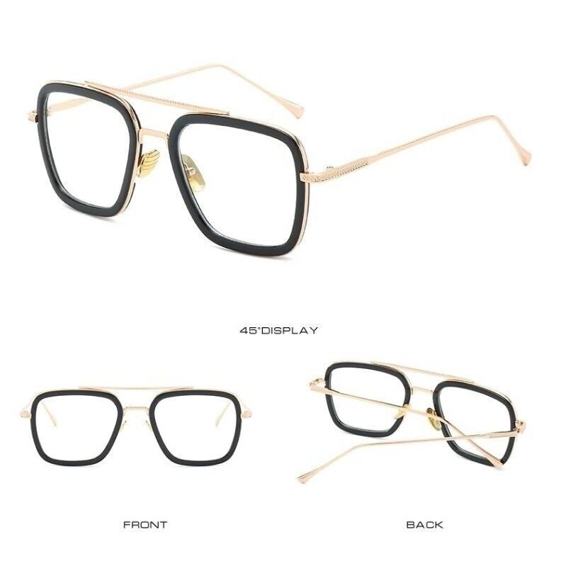 Square Glasses Men’s Black Gold Frame Clear Lens Eyeglasses Retro Style Trendy