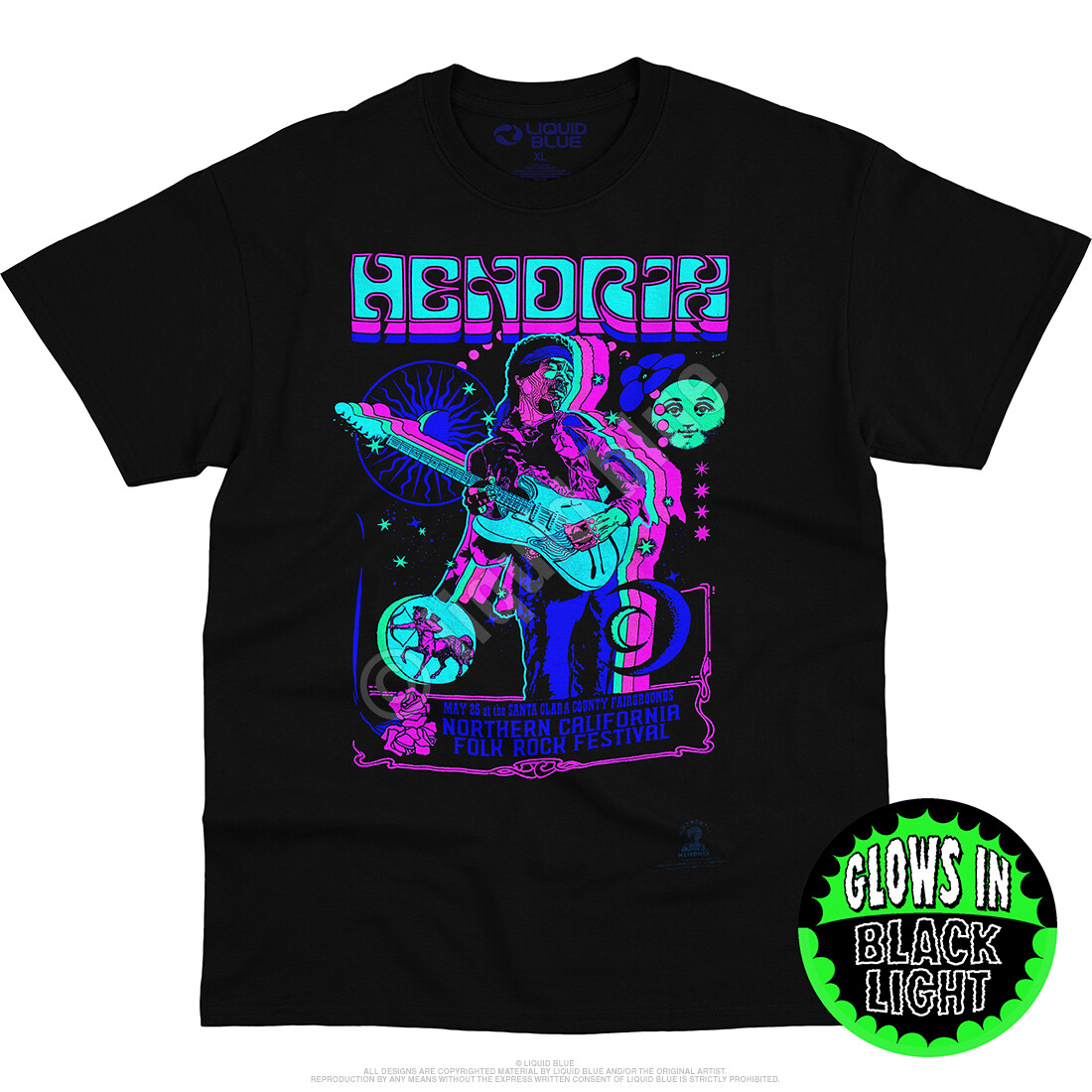 JIMI HENDRIX-GUITAR BLACKLIGHT-GLOWS BLACKLIGHT-T-SHIRT S-M-L-XL-2X,3X-4X-5X-6X