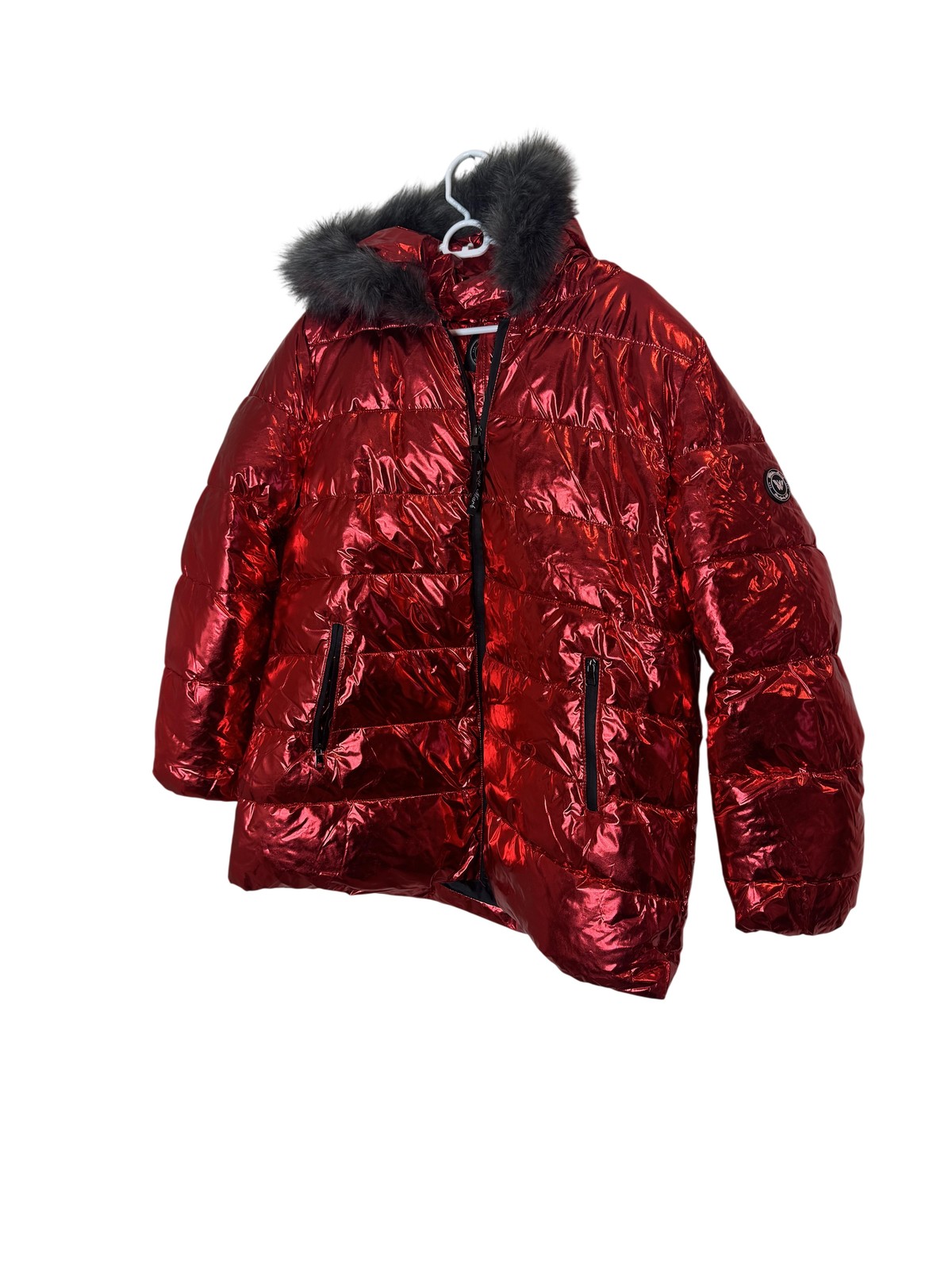 White Mark Puffer Coat Womens 1XL Red Metallic Hooded Faux Fur Trim Jacket