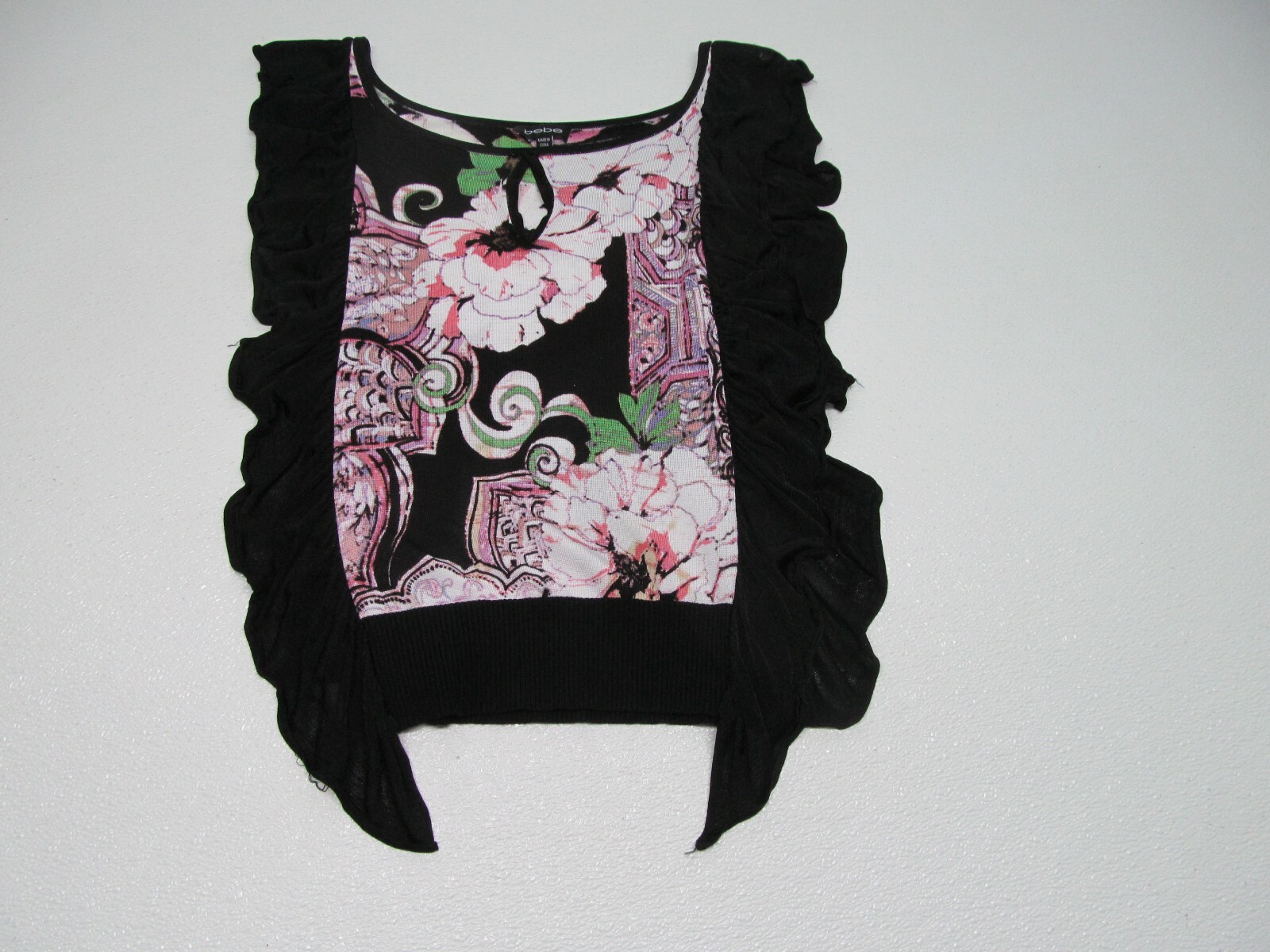 Bebe Blouse Top Black Multicolor Floral Side Ruffle Women’s size S