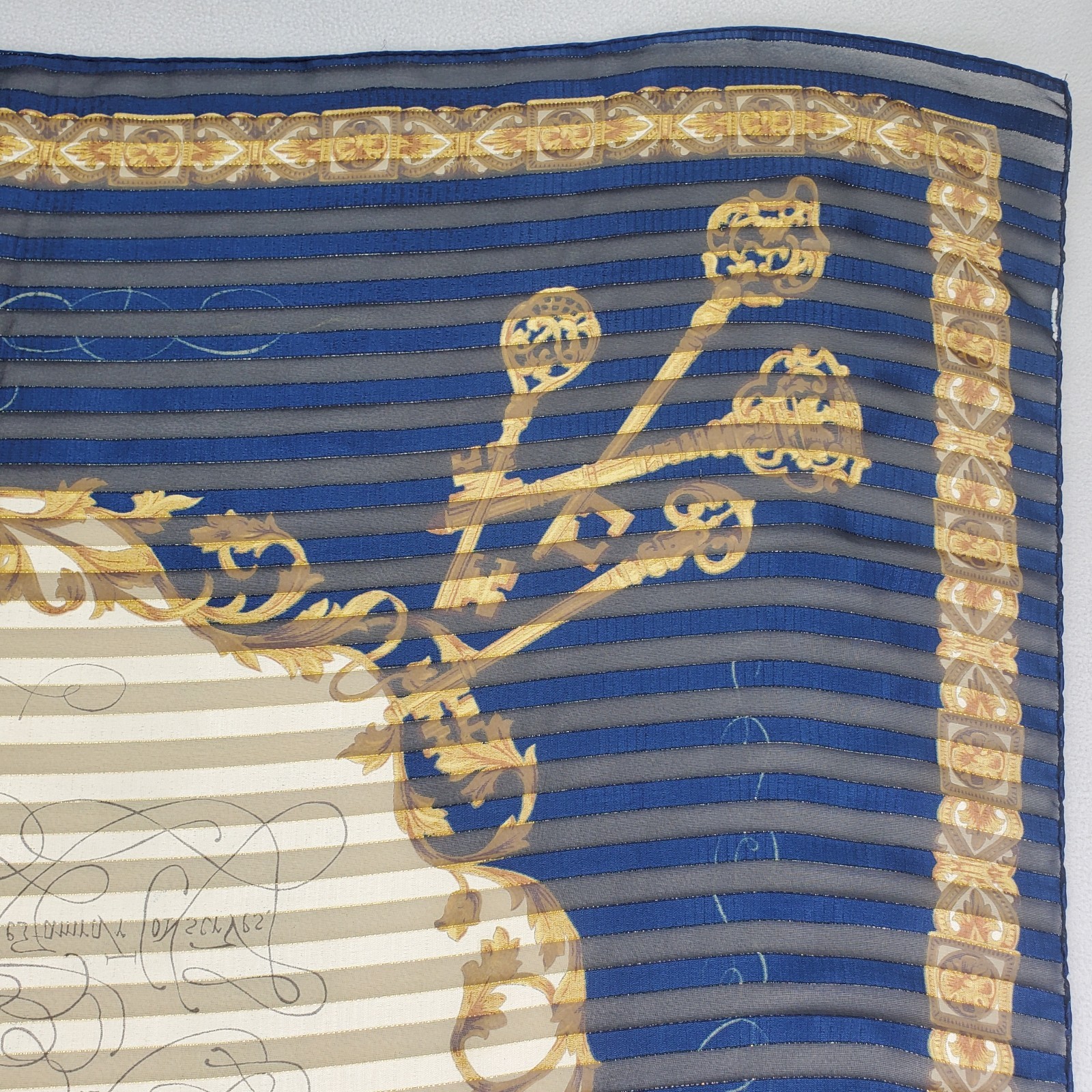 VTG Manuscript Scarf 35in Square Blue Shadow Stripe Faux Latin Gold Metallic Key