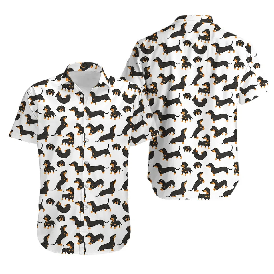Dachshund Wiener Dog Print Hawaiian Button Down Shirt Men Funny Dog Lover Top