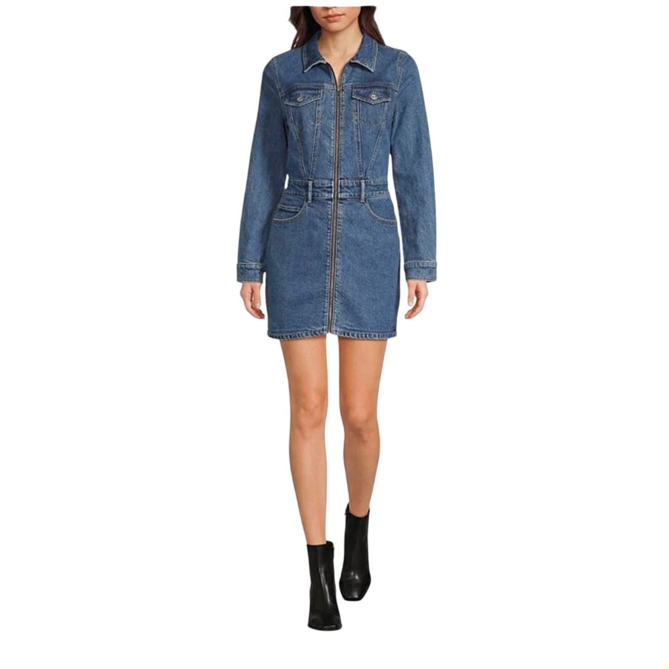 Retro 90s style Gianni Bini GB Denim Mini Dress Front Zip cotton XL long sleeve