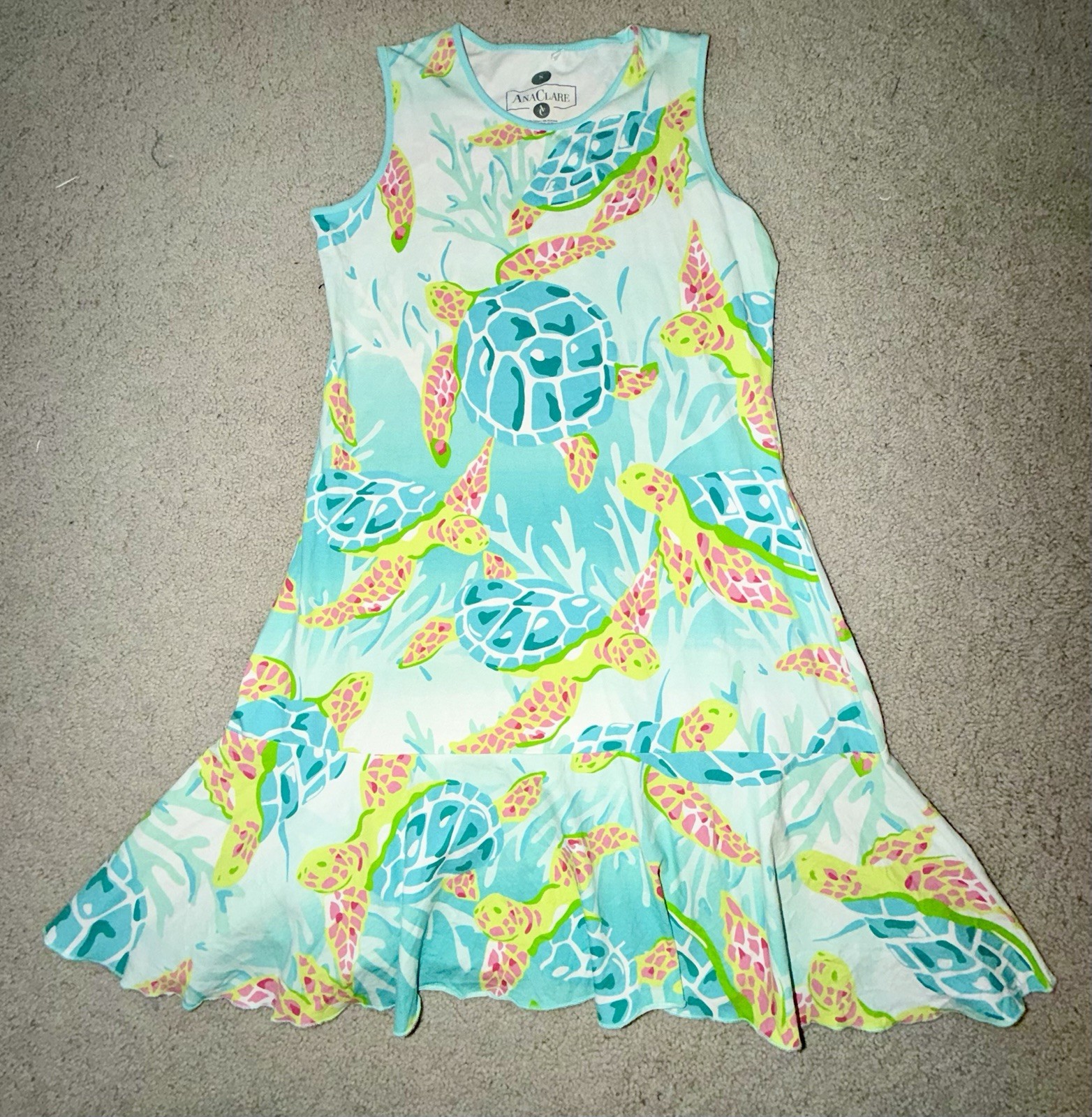 Ana Clare Sz Small MJ FLOUNCE Ruffle Dress Sea Turtle Blue Green